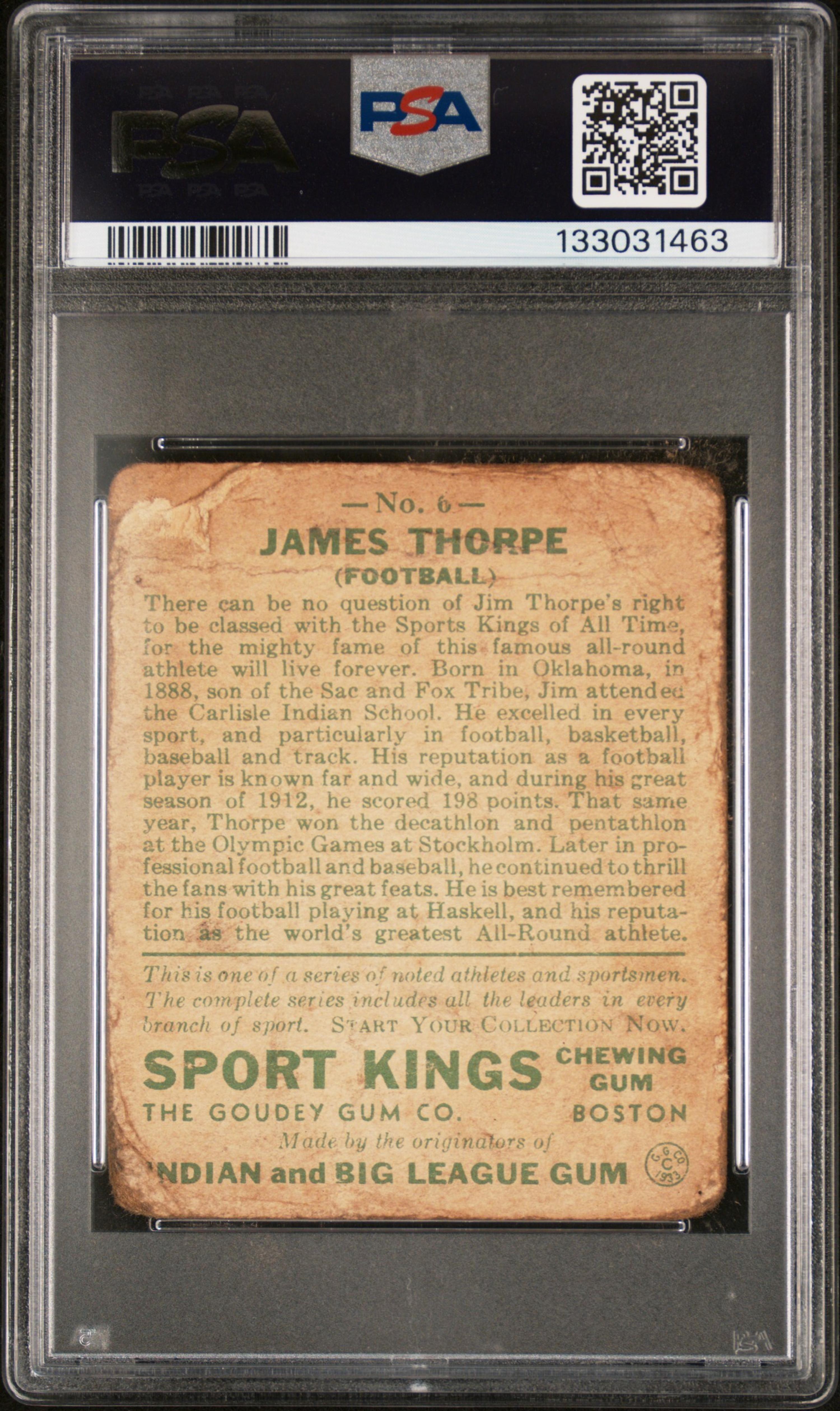 A 1933 Goudey Sport Kings Jim Thorpe Card No. 6