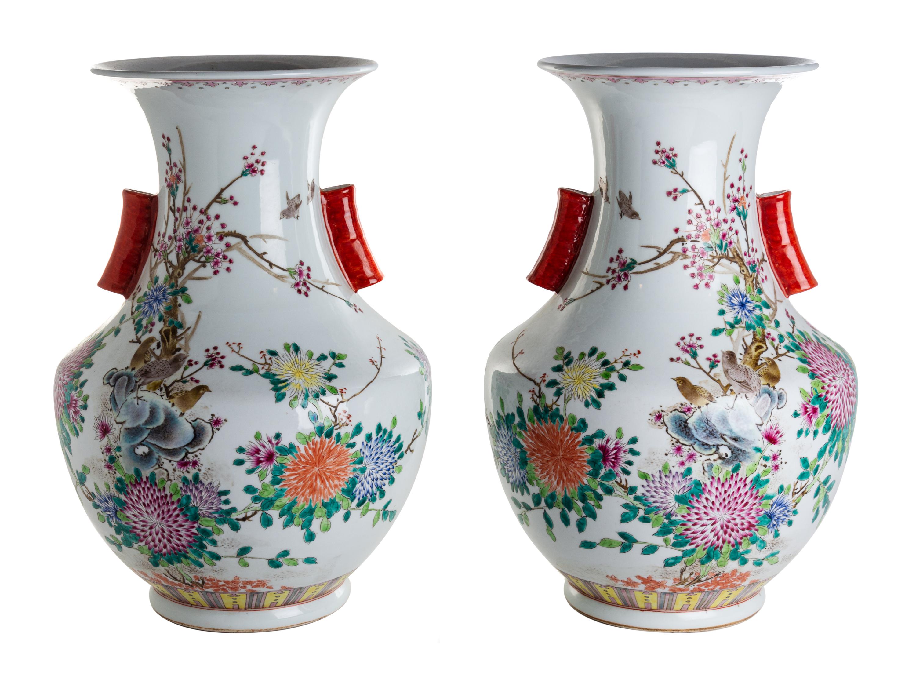 A Pair of Chinese Famille Rose Porcelain Jars Height 22 1/4 inches. — 20TH CENTURY