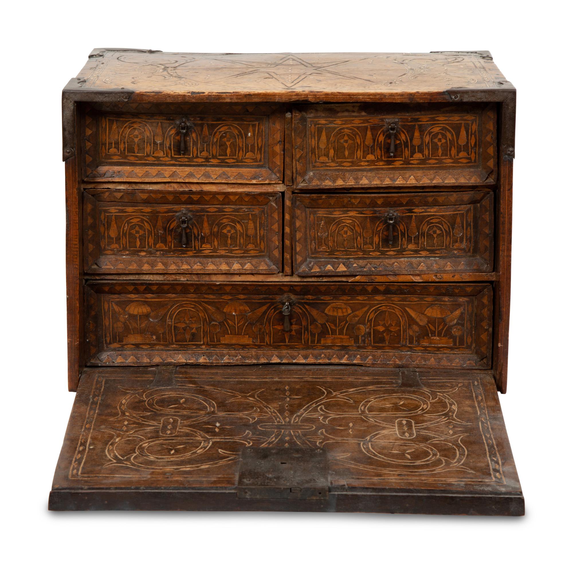 A Spanish Iron Mounted Walnut Marquetry Vargueno/Traveling Desk