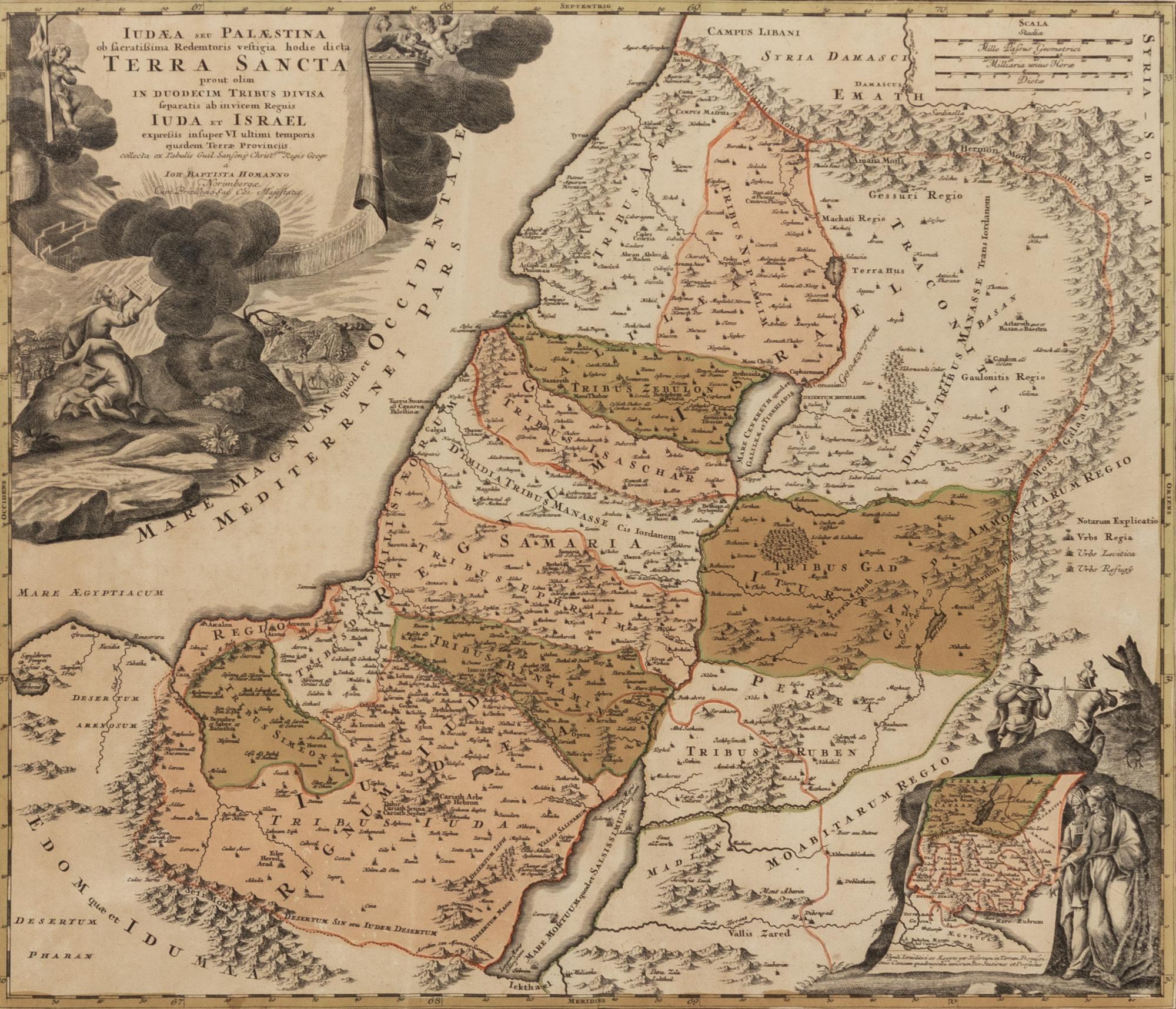 HOMANN, Johann Baptist (1663-1724). Judaea se Palaestina ob faeratissima Redemtoris vestigia hodie dicta Terra Sancta prout olim in Duodecim Tribus Divisa separatis ab invicem Regnis Juda et Israel. Nuremberg, [ca 1707].
