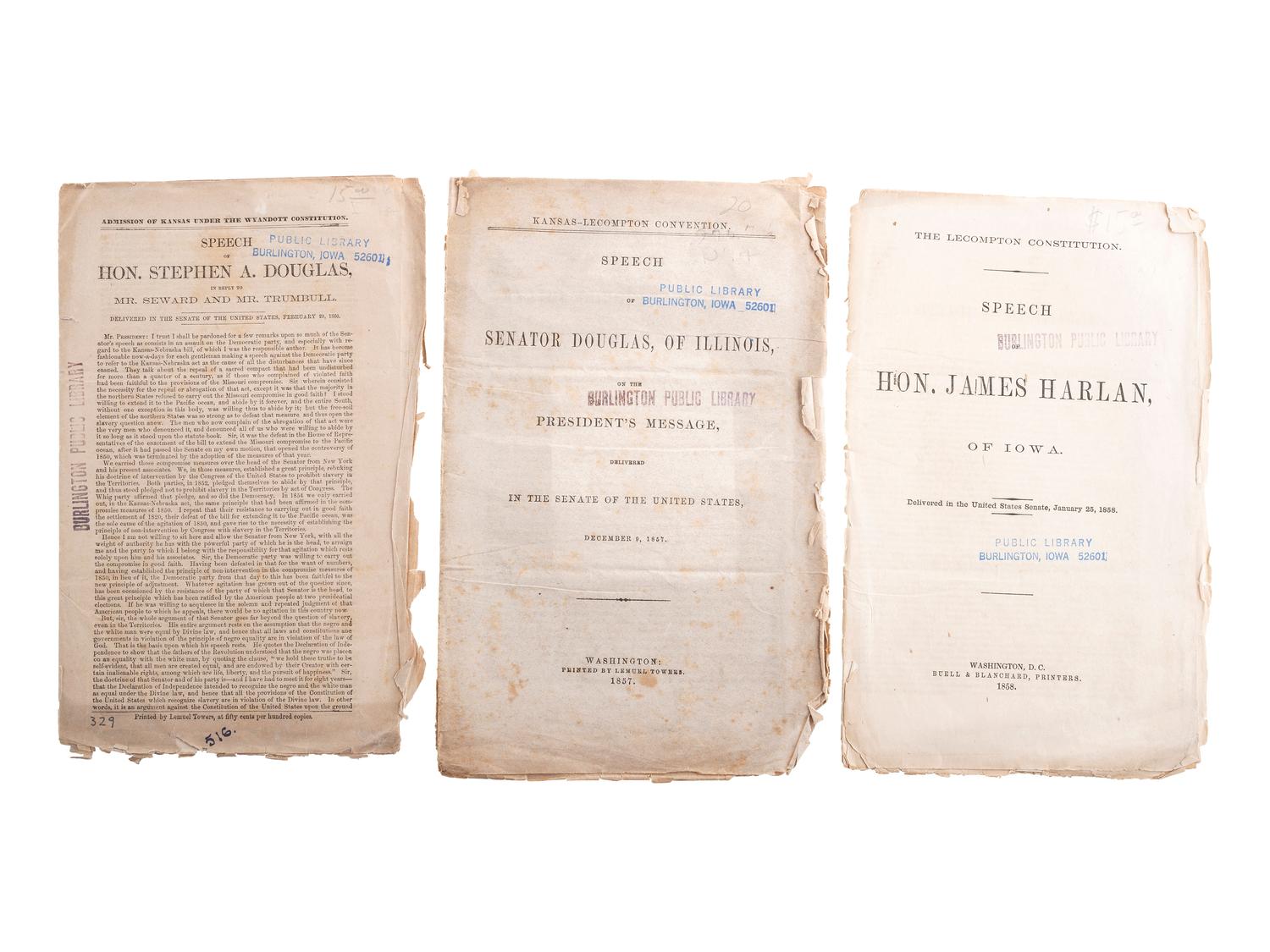 [SLAVERY & ABOLITION]. A group of 14 pamphlets related to Bleeding Kansas including slavery, the Lecompton Constitution, and the Stanton-Lane contest, comprising:
