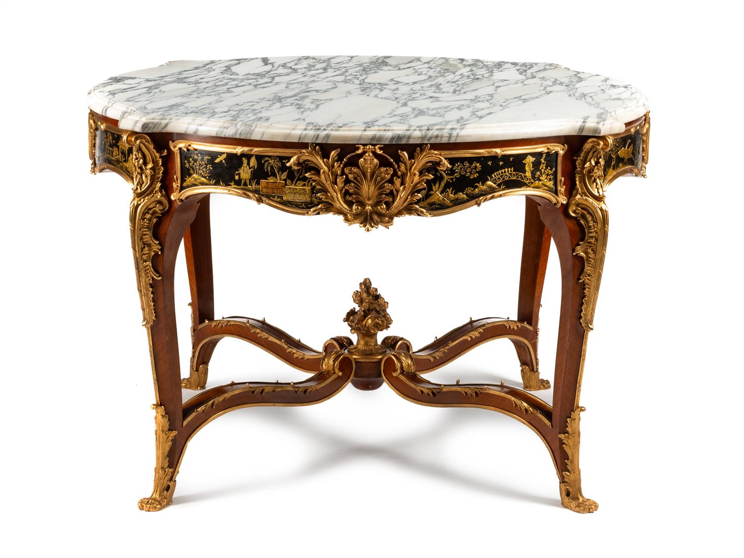 A Louis XV Style Gilt Bronze Mounted and Part-Japanned Mahogany Marble-Top Center Table