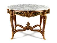 A Louis XV Style Gilt Bronze Mounted and Part-Japanned Mahogany Marble-Top Center Table