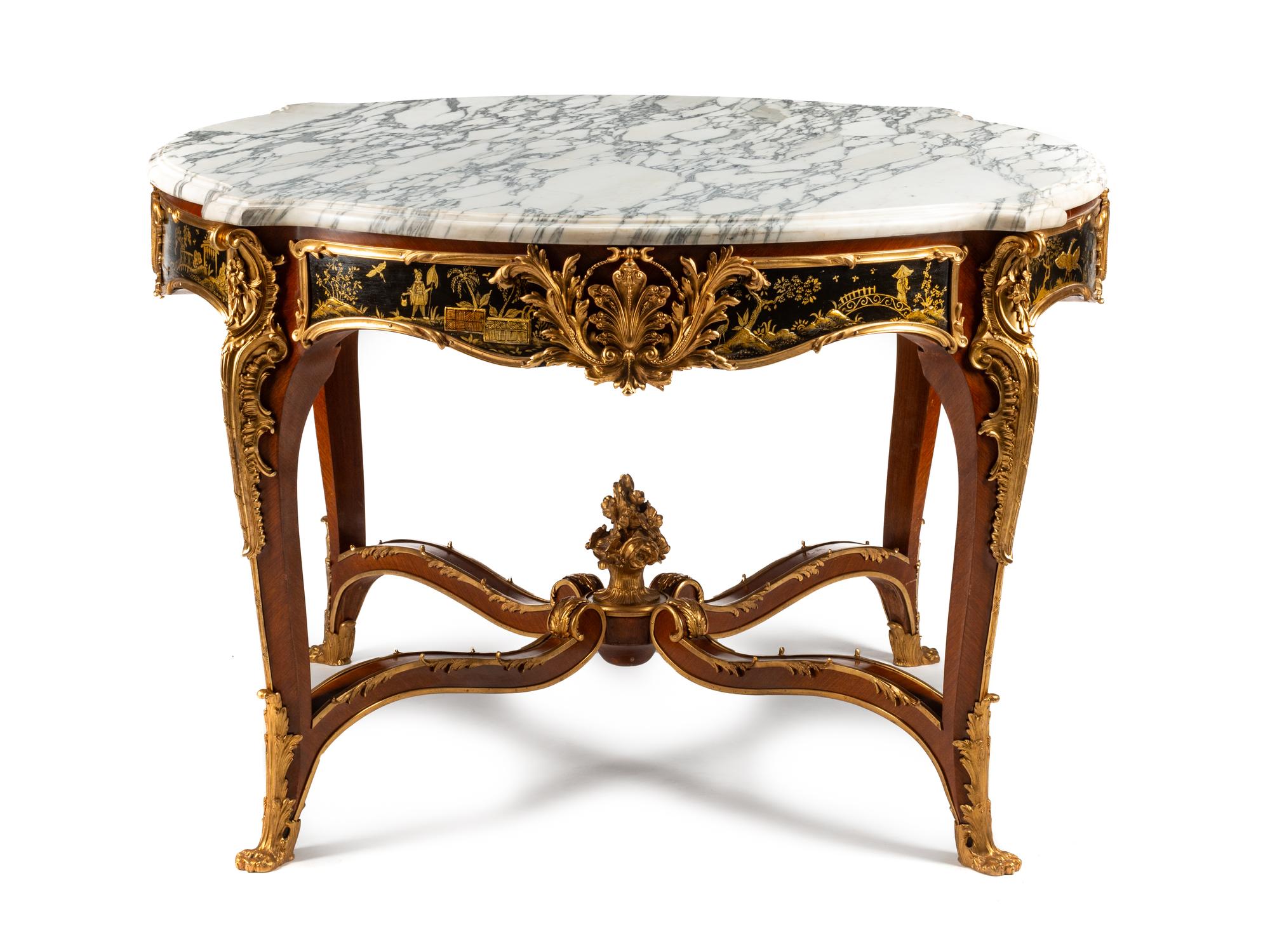A Louis XV Style Gilt Bronze Mounted and Part-Japanned Mahogany Marble-Top Center Table