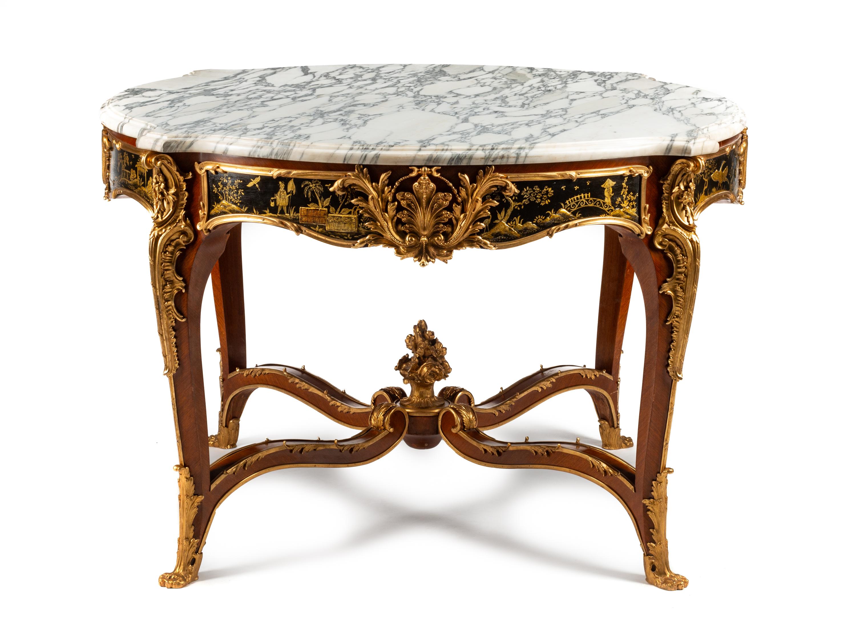A Louis XV Style Gilt Bronze Mounted and Part-Japanned Mahogany Marble-Top Center Table