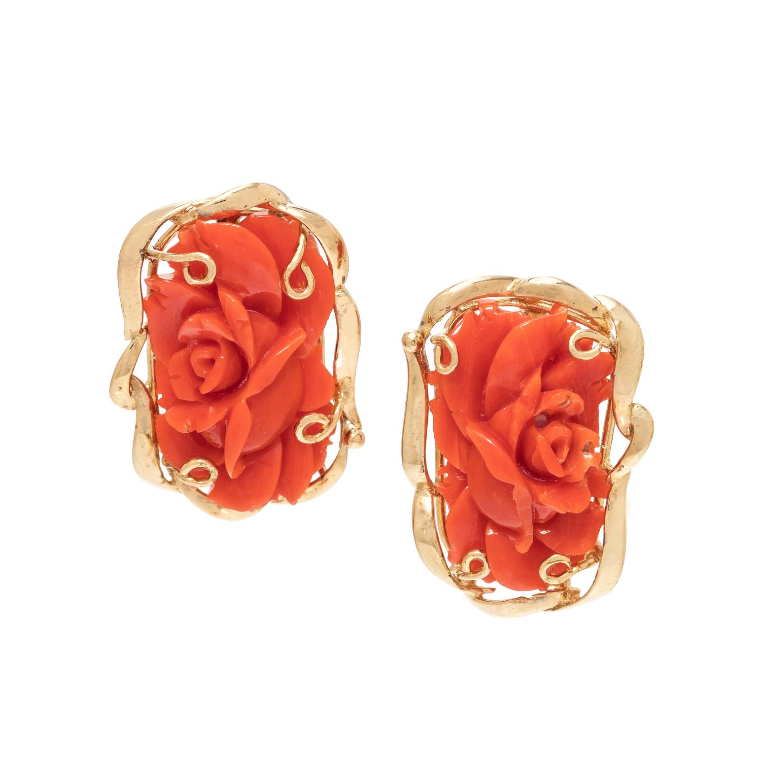 CARVED CORAL EARCLIPS
