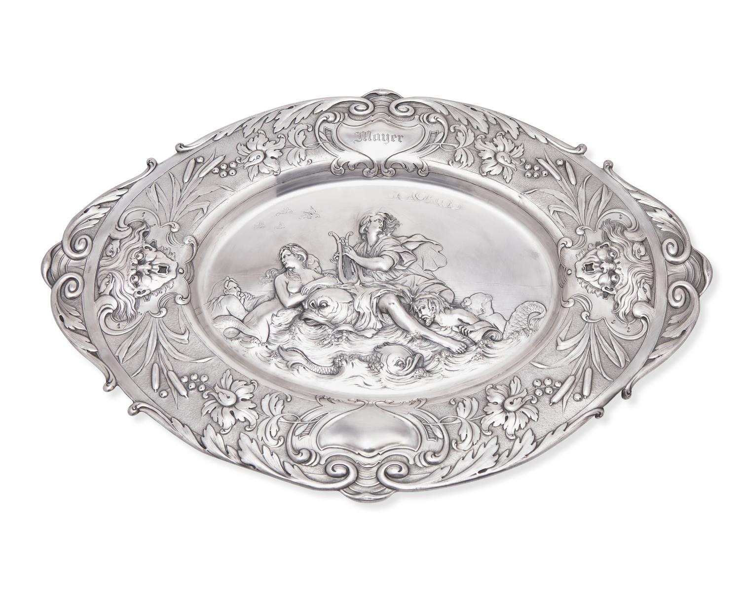 A German Renaissance Revival .800 silver repoussé tray, Bruckmann & Sohne, Heilbronn, Germany, circa 1900