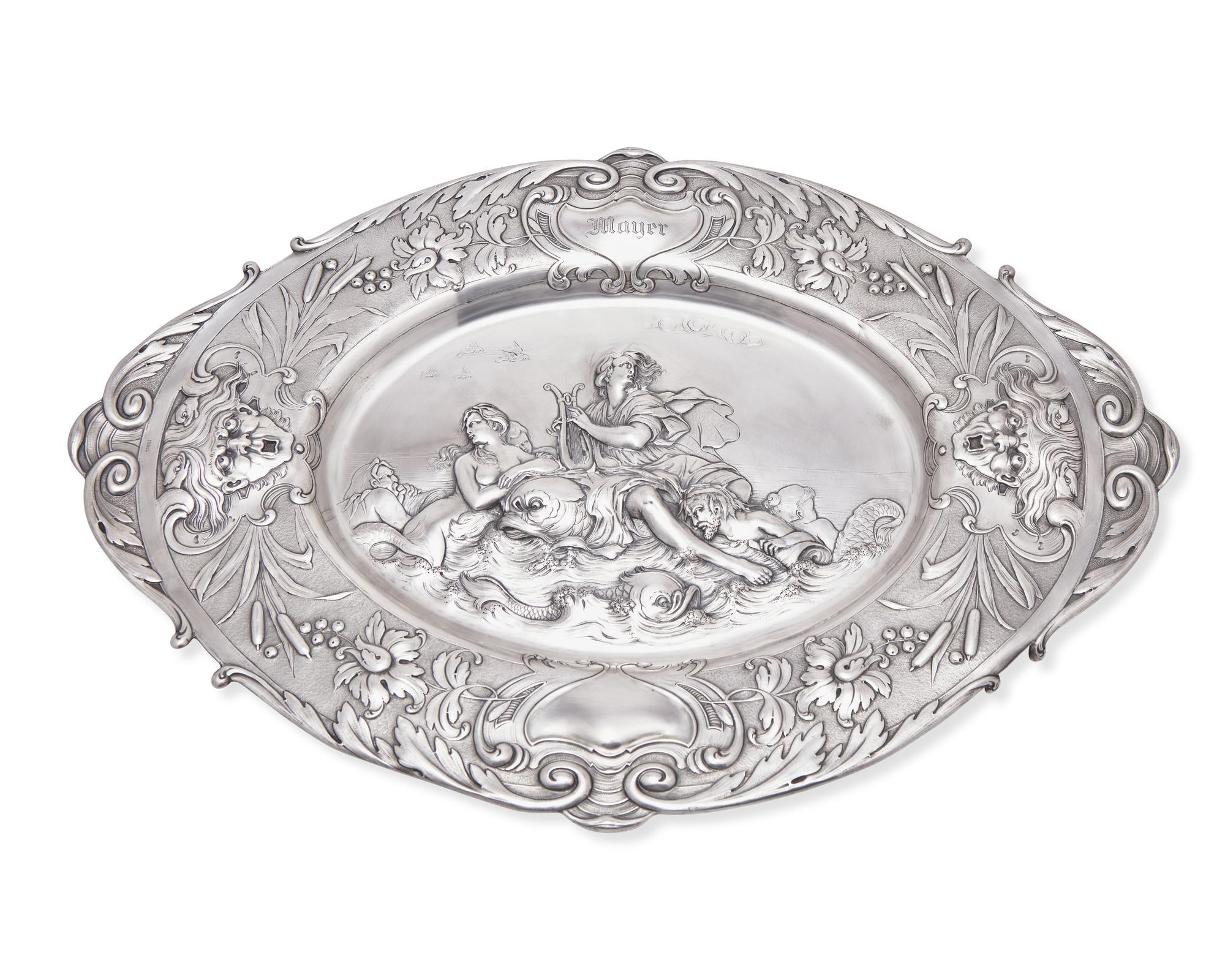 A German Renaissance Revival .800 silver repoussé tray, Bruckmann & Sohne, Heilbronn, Germany, circa 1900