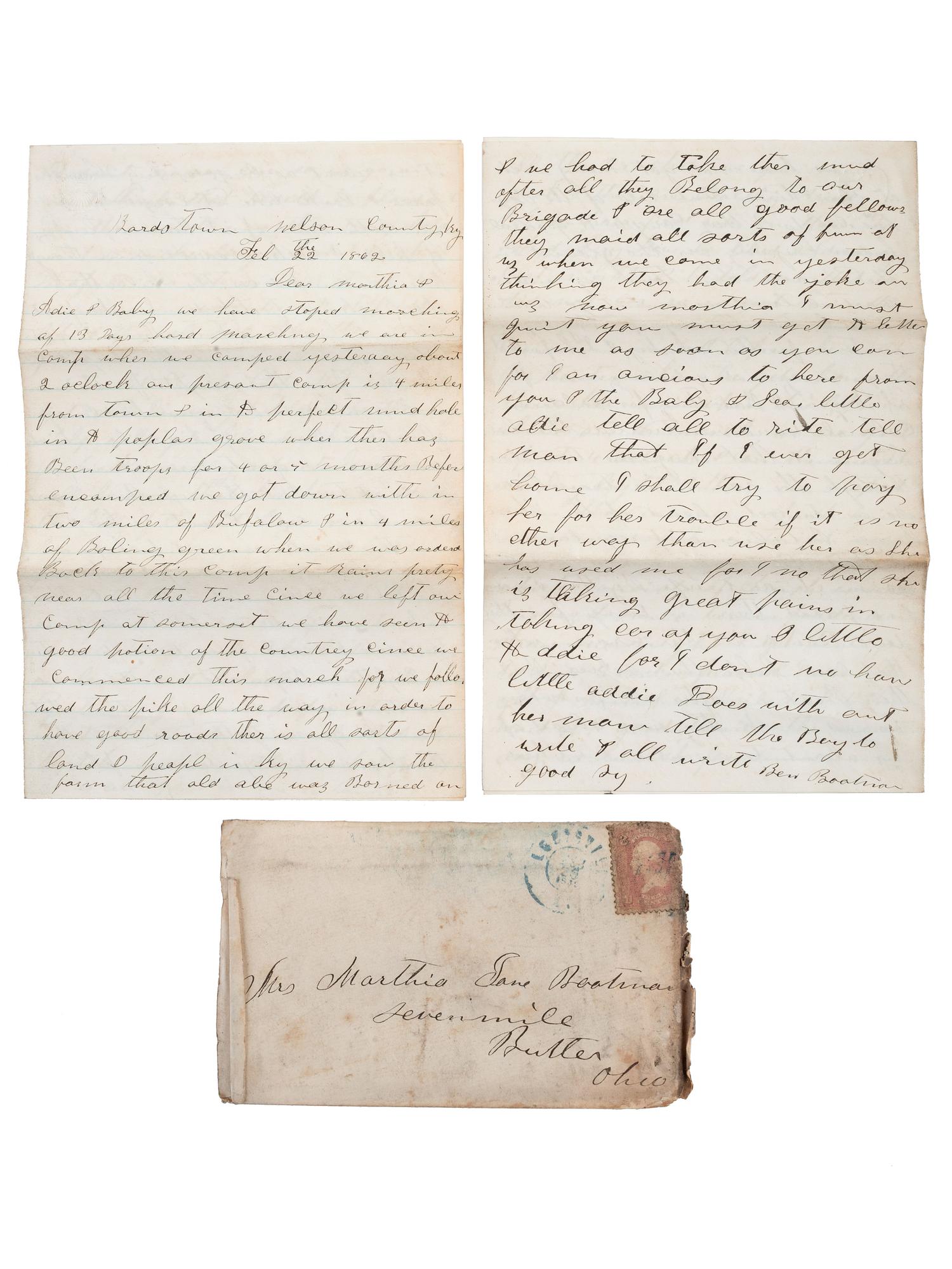[CIVIL WAR]. Archive featuring the correspondence of brothers Benjamin, Isaac, and Jeremiah Boatman of Butler County, Ohio, enlistees in regiments of the Ohio Volunteer Infantry.