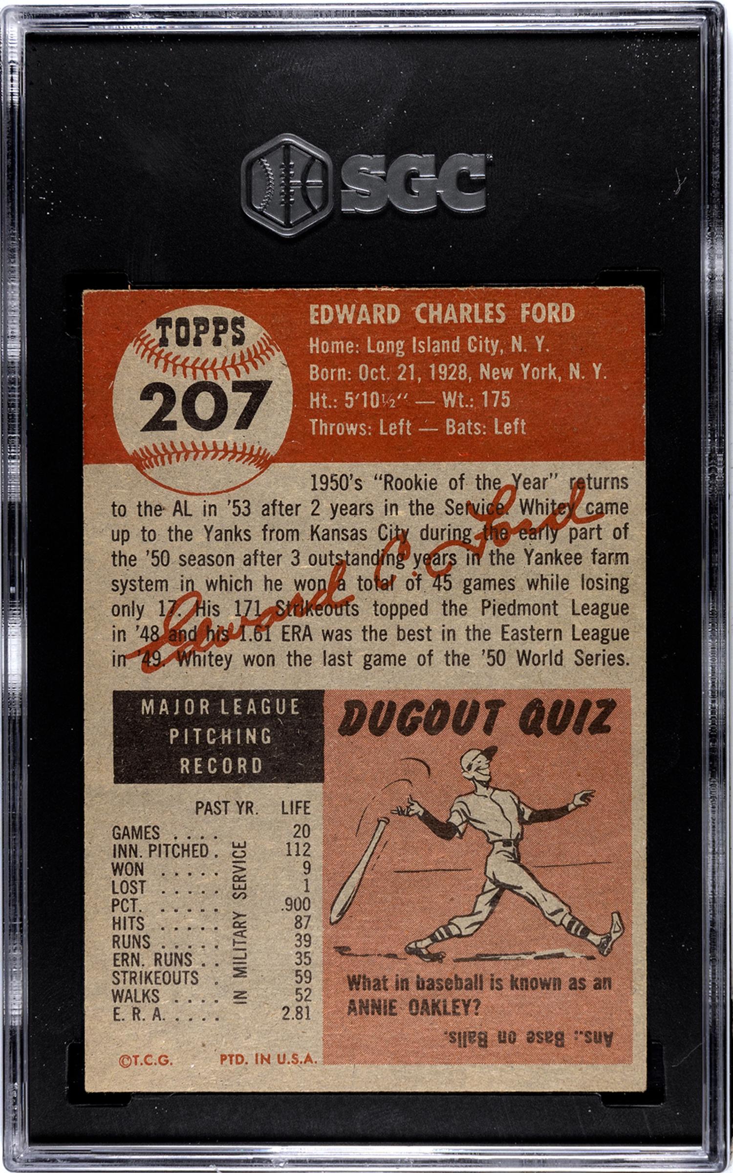 A 1953 Topps Whitey Ford Baseball Card No. 207 (SGC 5 EX)