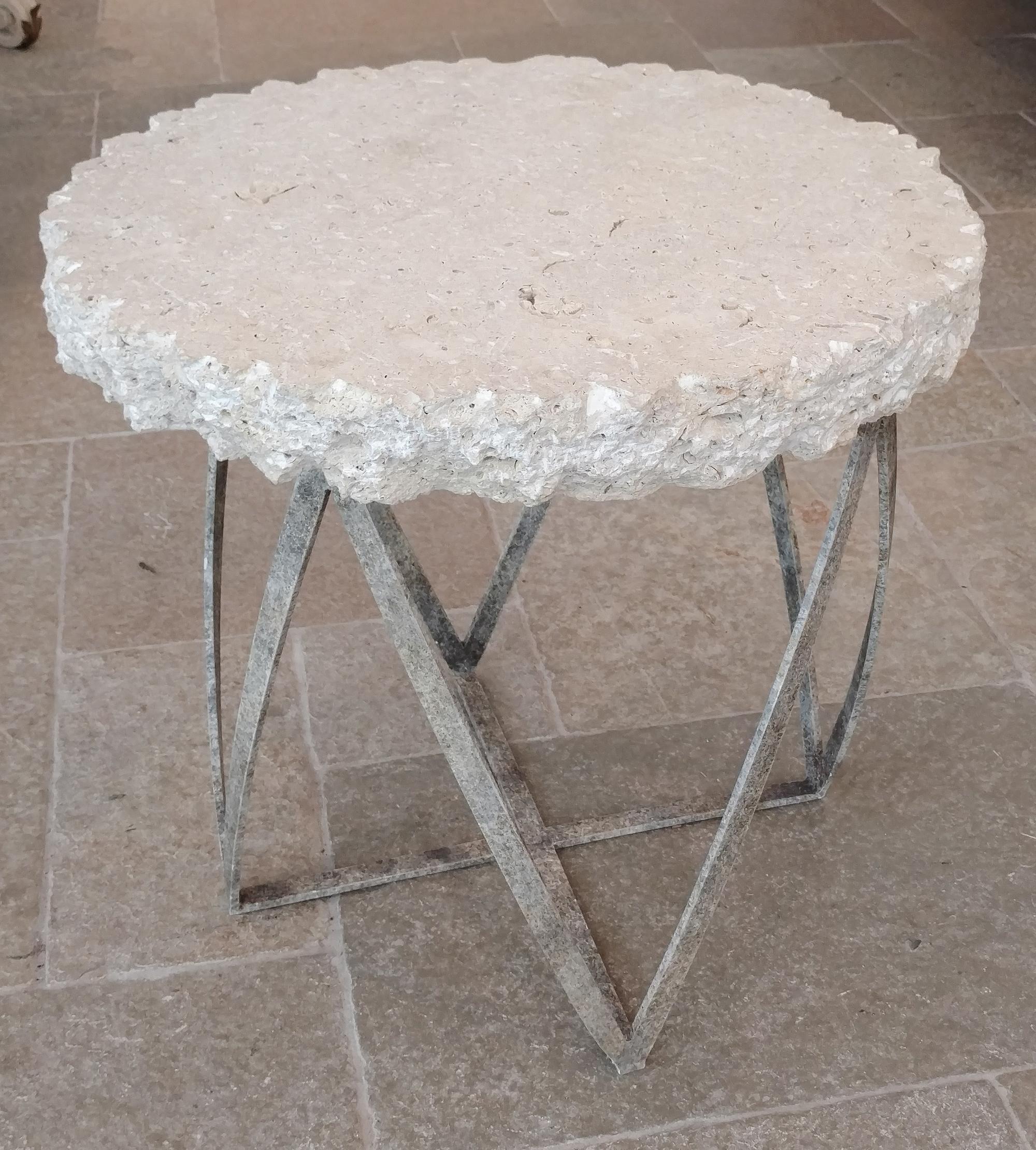 A Silvered Metal Side Table With Stone Top Height 20 1/2 inches.