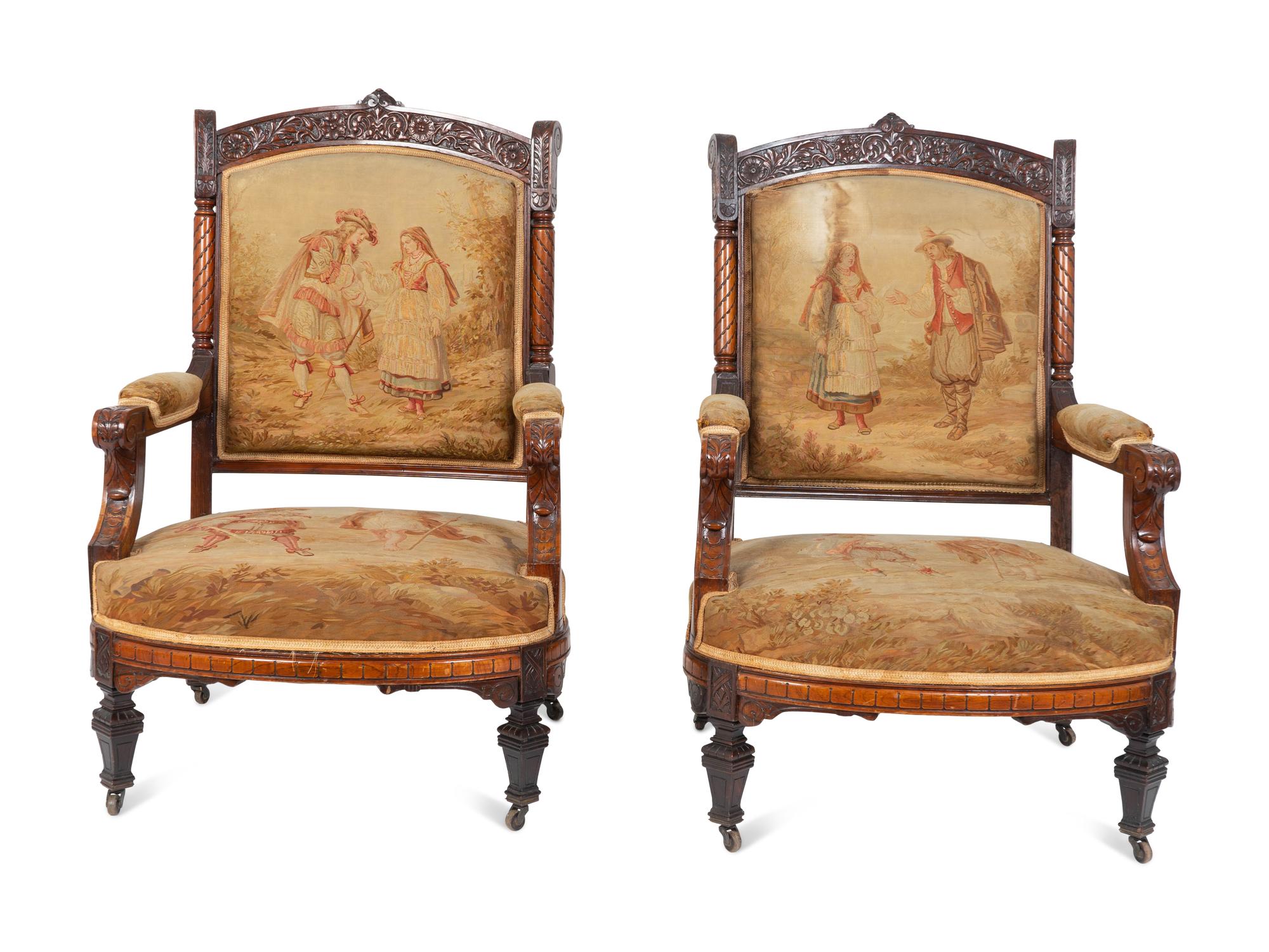 A Pair of Victorian Carved Walnut Armchairs with Tapestry Upholstery — 19TH CENTURY