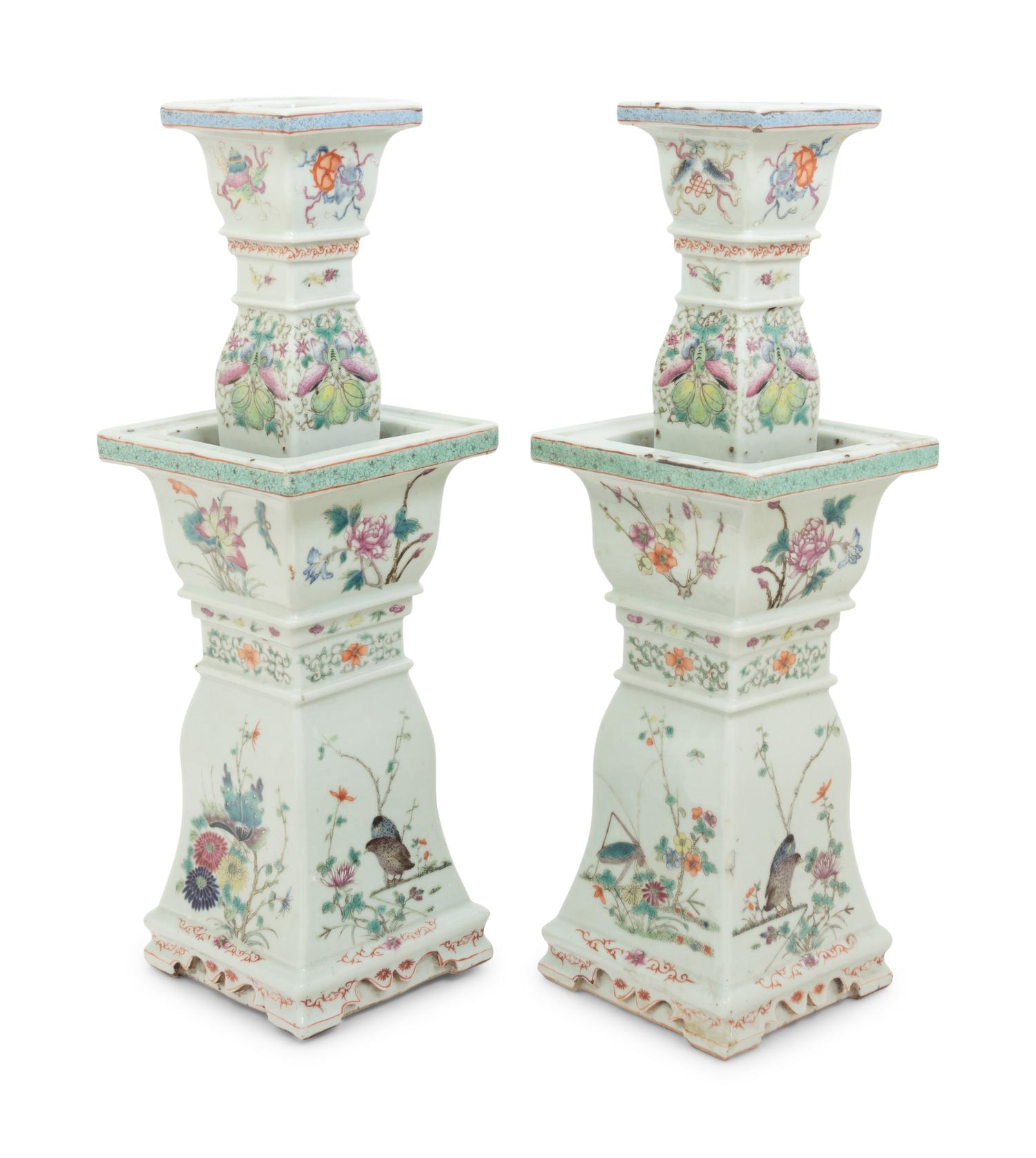 A Pair of Famille Verte Porcelain Candlesticks