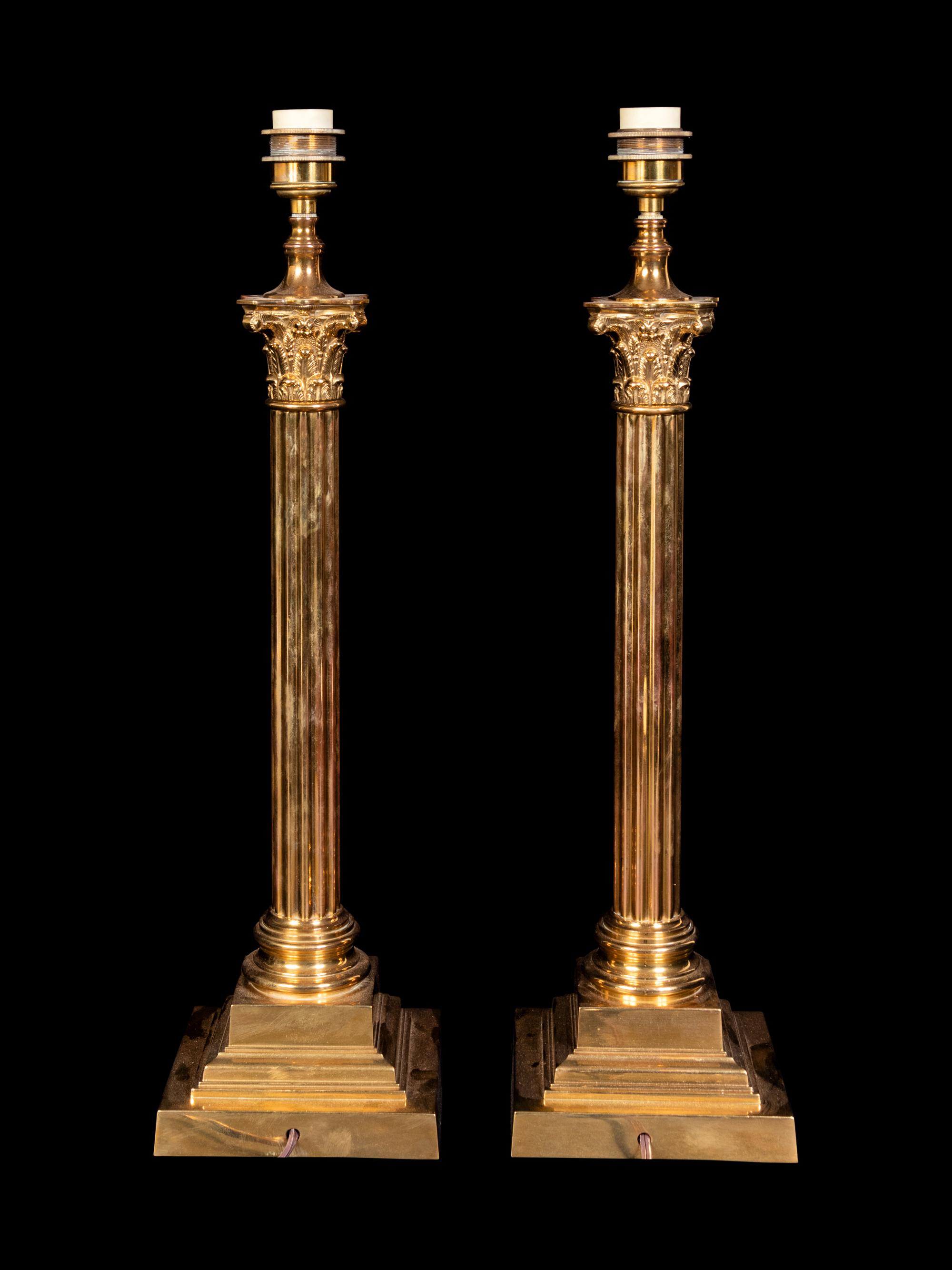 A Pair of Brass Corinthian Column Lamps