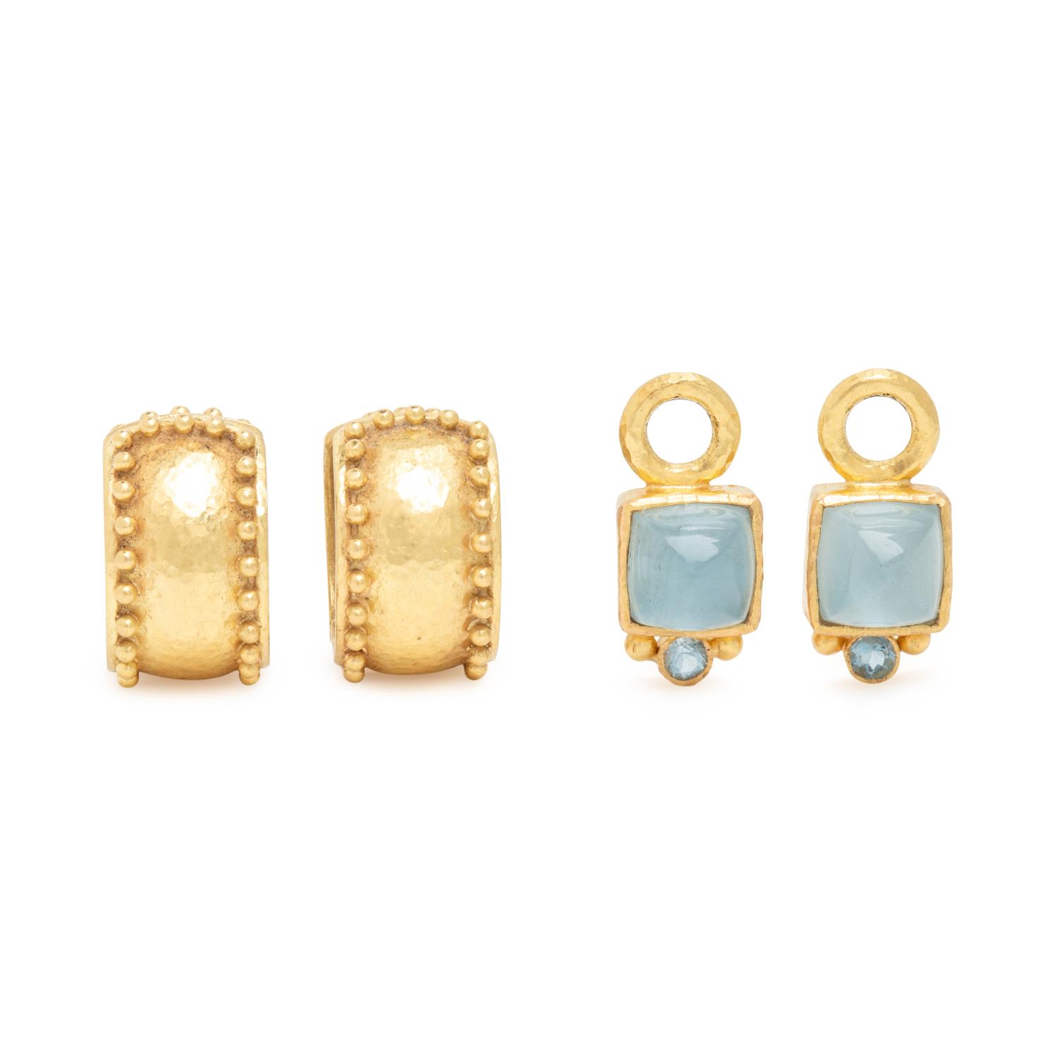 Elizabeth Locke, Pair of Yellow Gold Earrings and Two Aquamarine Drops