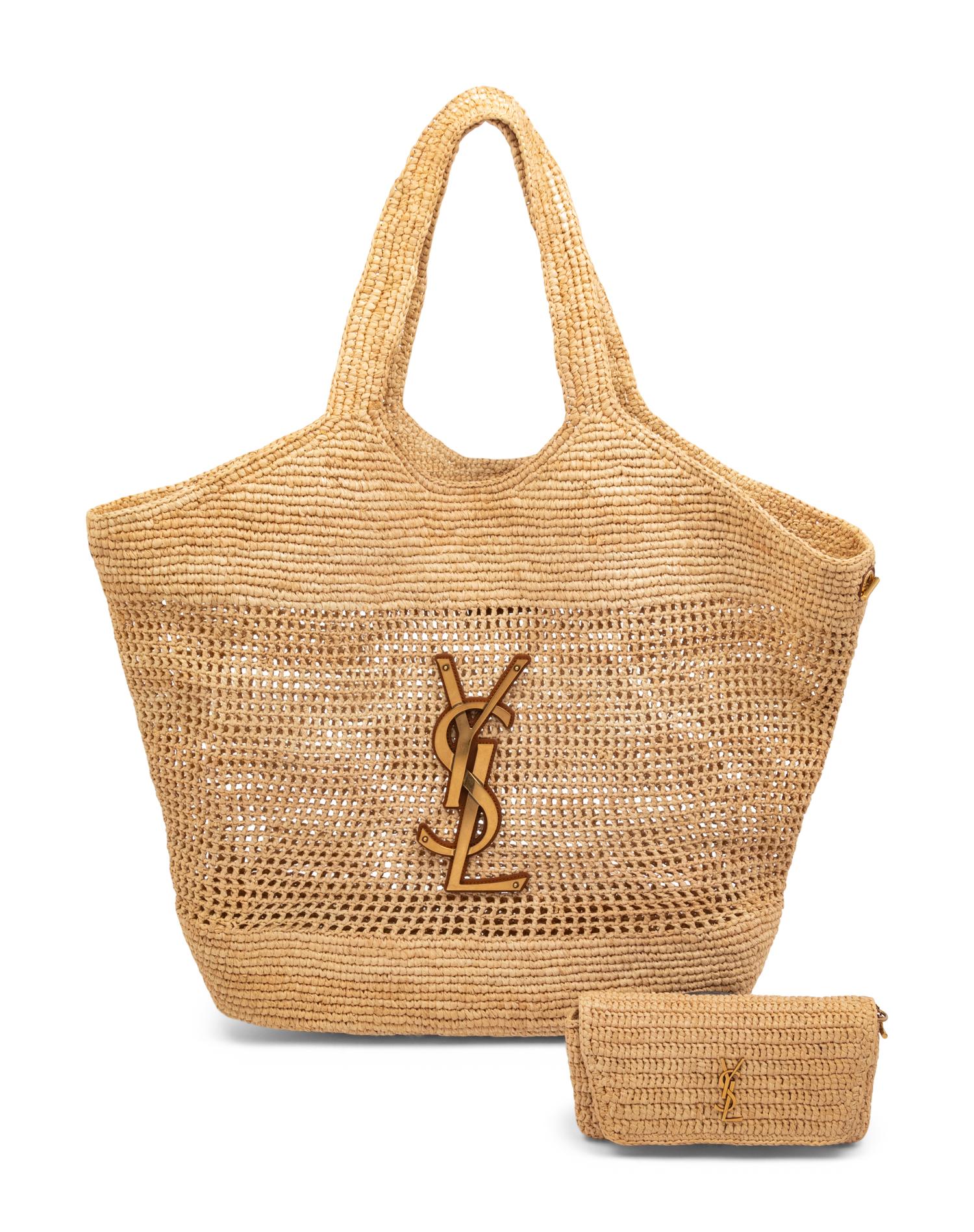 SAINT LAURENT RAFFIA ICARE TOTE WITH SUNGLASSES CASE