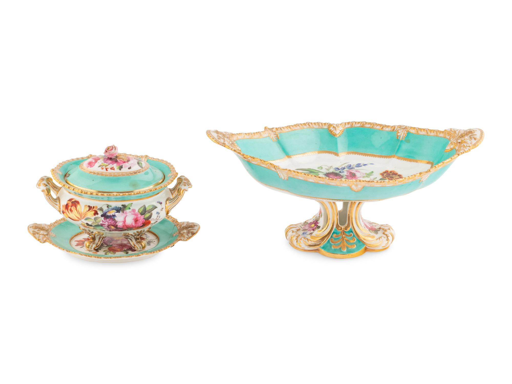 An English Porcelain Dessert Stand and Sauce Tureen