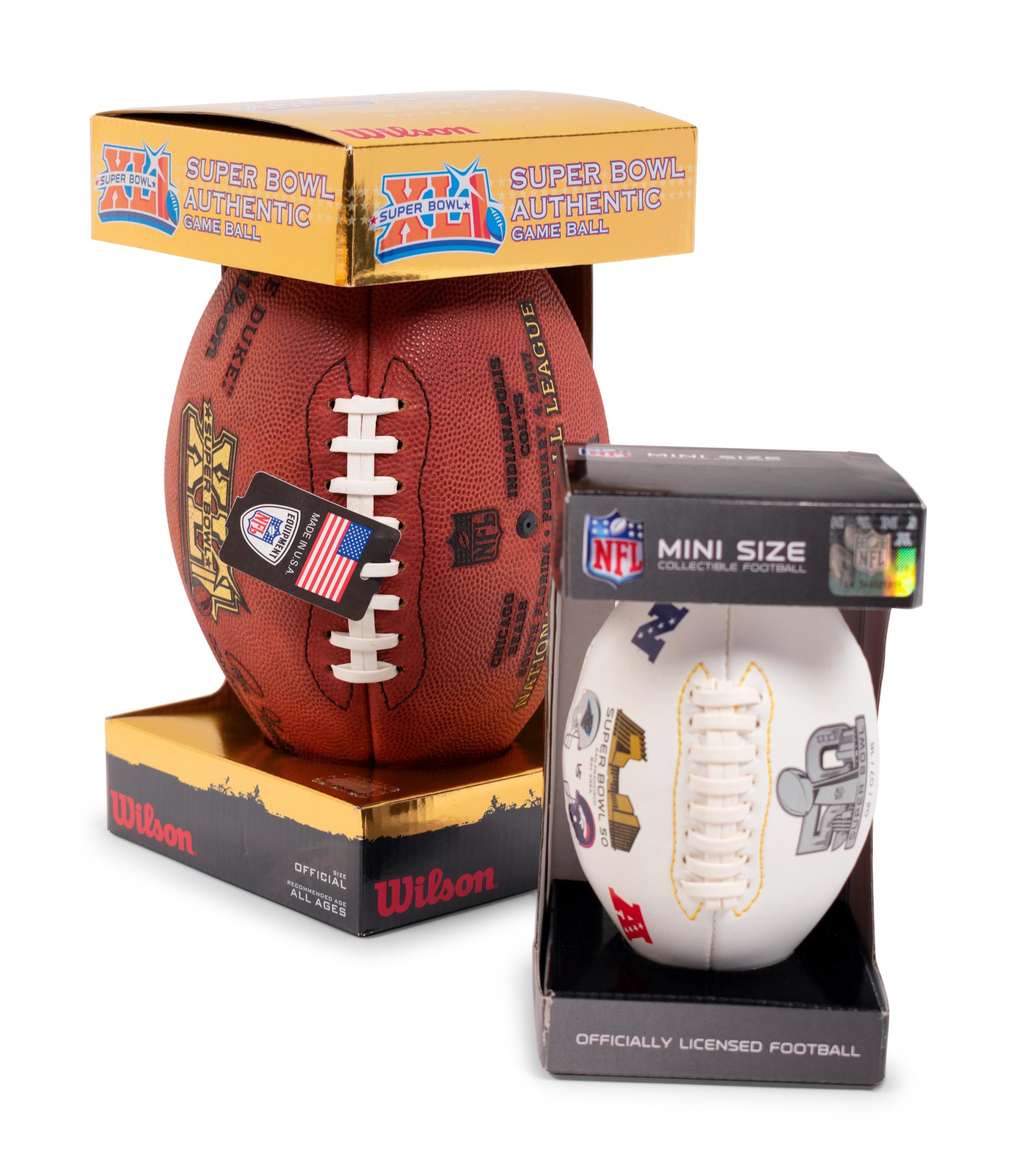 (Sports) A group of football, Super Bowl, and soccer memorabilia, comprising: