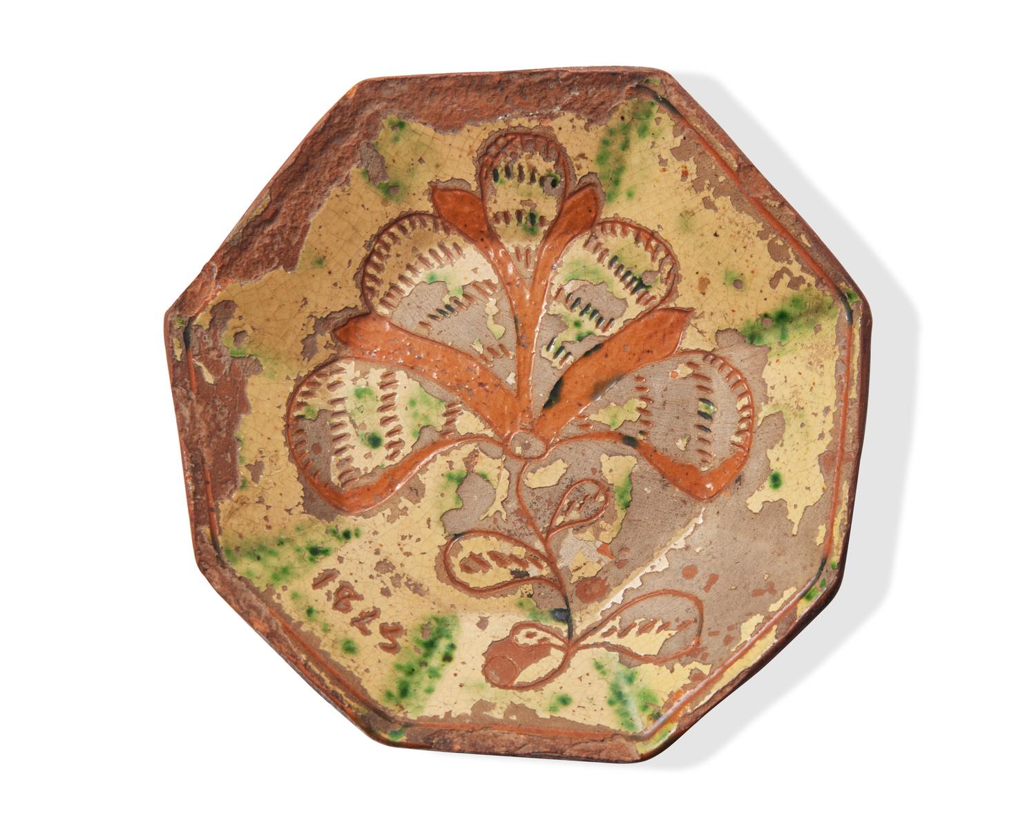 Two Glazed and Sgraffito- Decorated Redware Dishes, One Attributed to John Leidy (1753-1818), Montgomery County, Pennsylvania