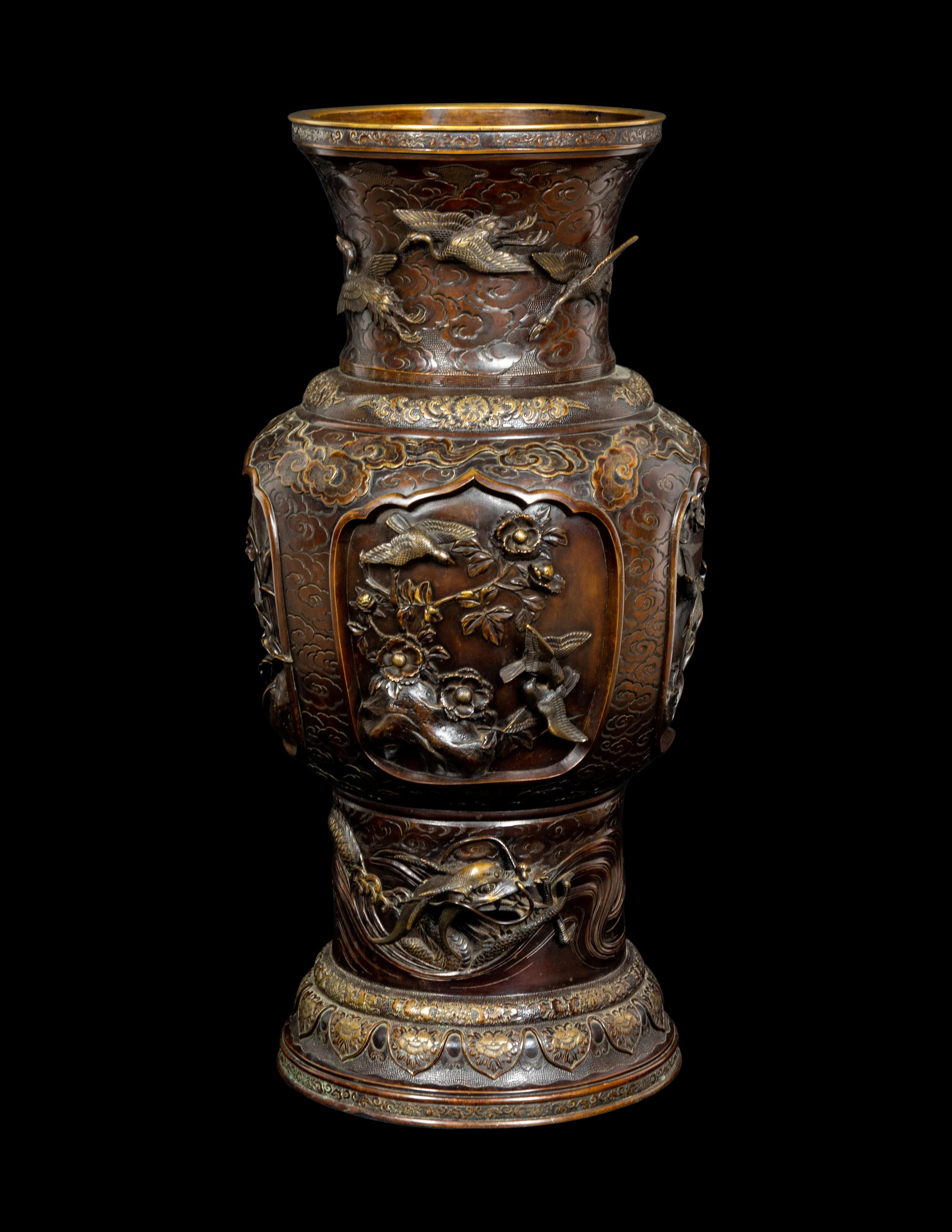 A Japanese Bronze and Mixed-Metal Floor Vase