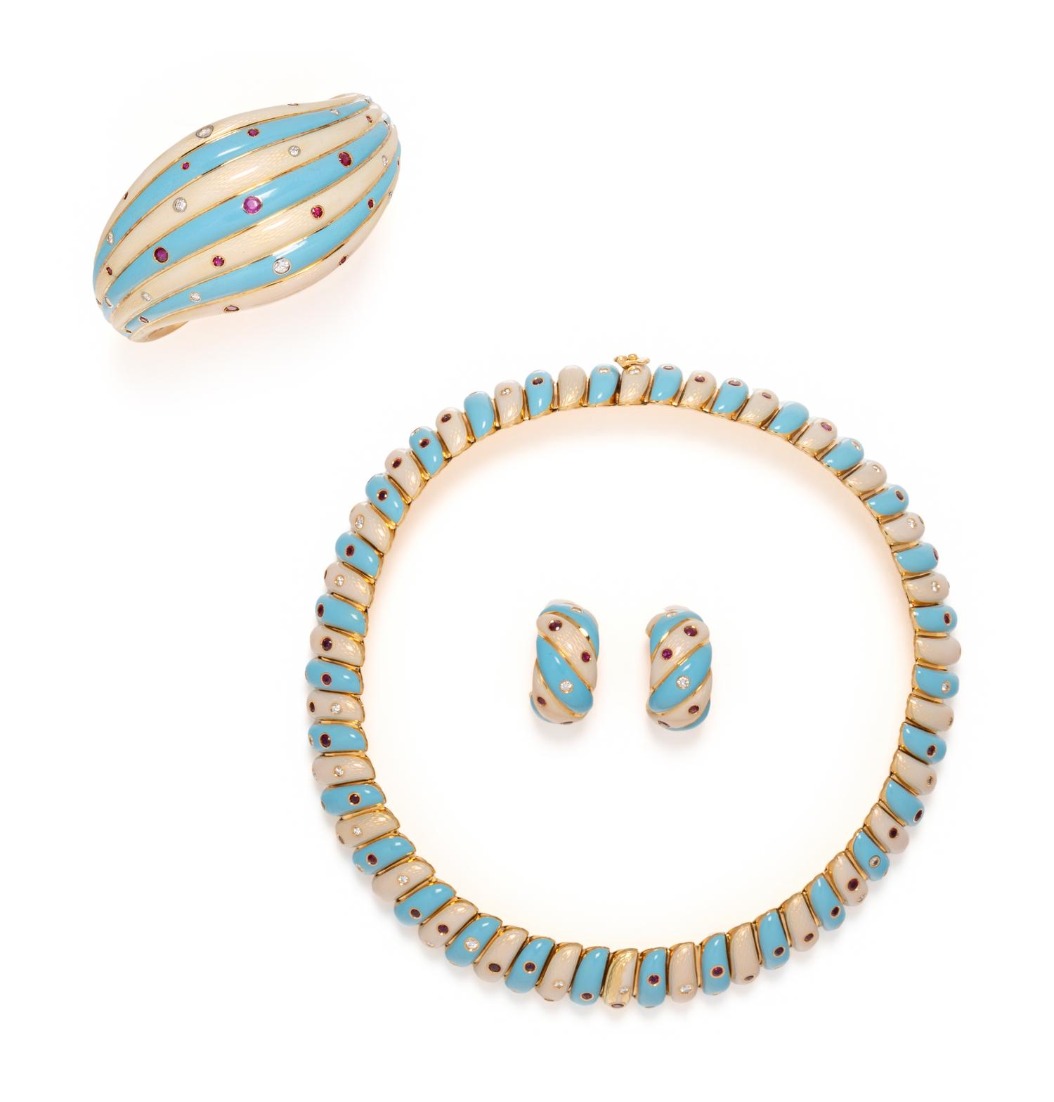 SPAULDING & CO., GUILLOCHÉ ENAMEL, DIAMOND AND RUBY PARURE