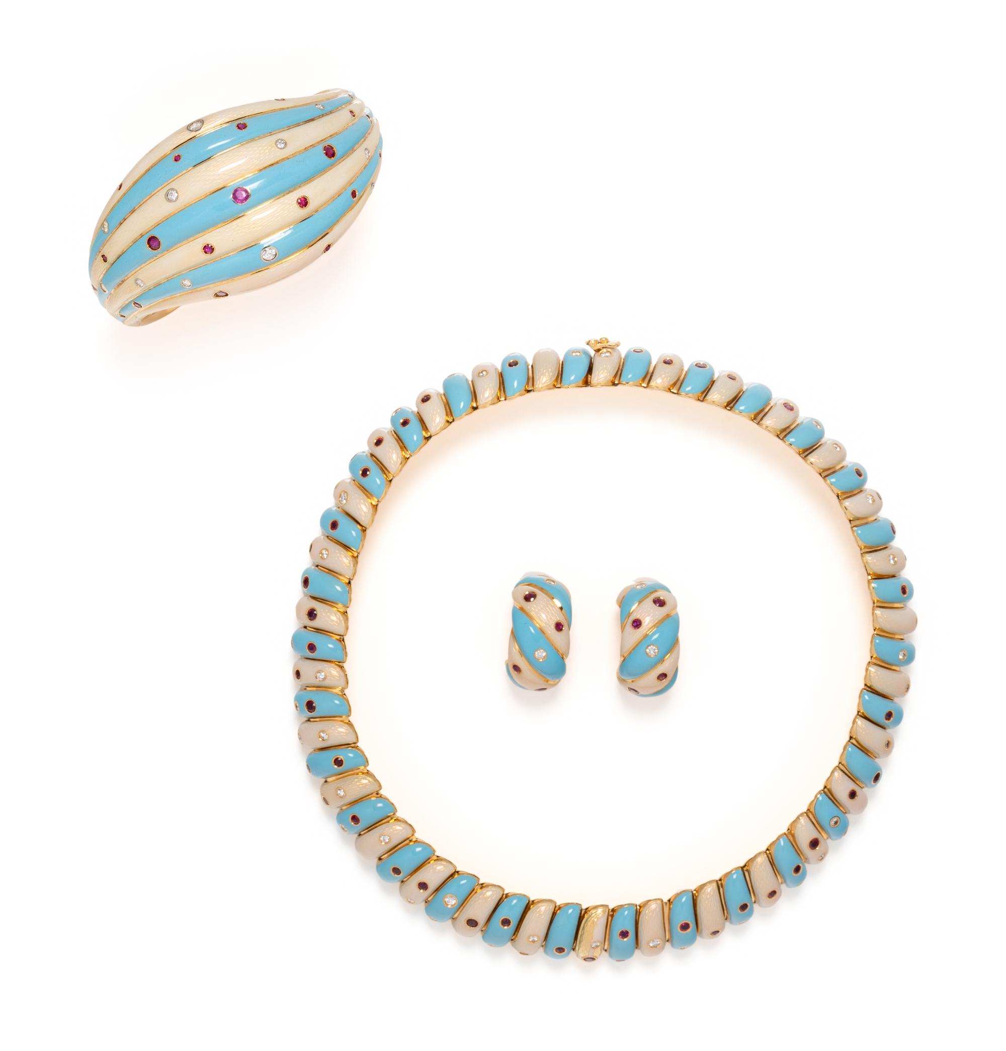 SPAULDING & CO., GUILLOCHÉ ENAMEL, DIAMOND AND RUBY PARURE