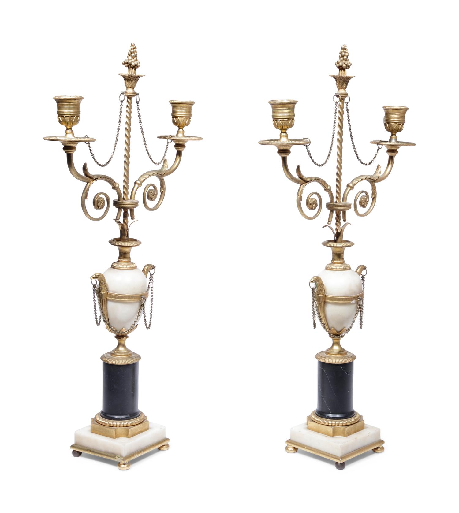 A Pair of Directoire Gilt Bronze, Alabaster and Marble Two-Light Candelabra