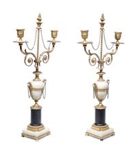 A Pair of Directoire Gilt Bronze, Alabaster and Marble Two-Light Candelabra