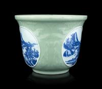 A Chinese Celadon Ground Blue and White Porelain Planter