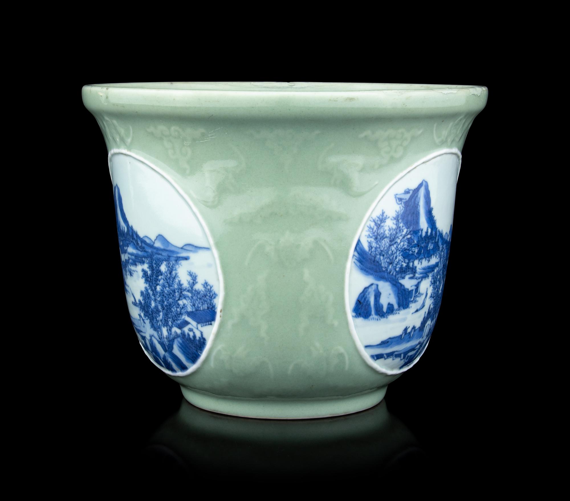 A Chinese Celadon Ground Blue and White Porelain Planter