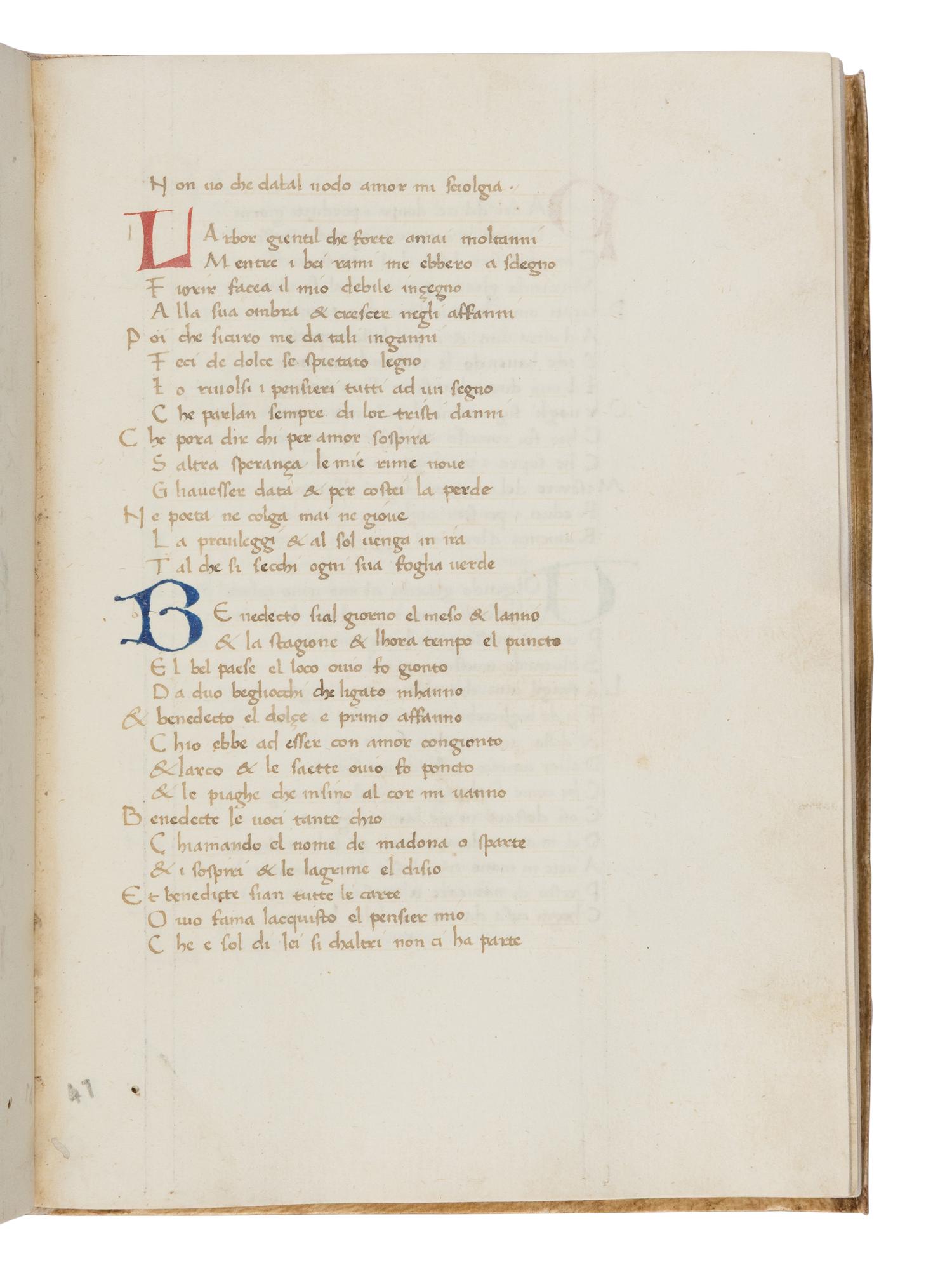 FRANCESCO PETRARCH (b. Arezzo, 20 July 1304; d. Arqua Petrarca, 19 July 1374) Il Canzoniere (The Songbook), in Italian, manuscript on parchment [Italy, second half of the 15th century]