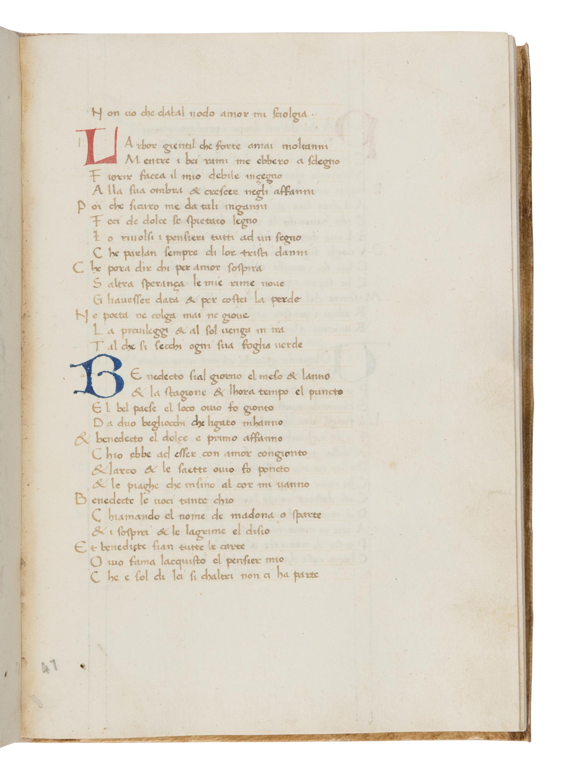 FRANCESCO PETRARCH (b. Arezzo, 20 July 1304; d. Arqua Petrarca, 19 July 1374) Il Canzoniere (The Songbook), in Italian, manuscript on parchment [Italy, second half of the 15th century]