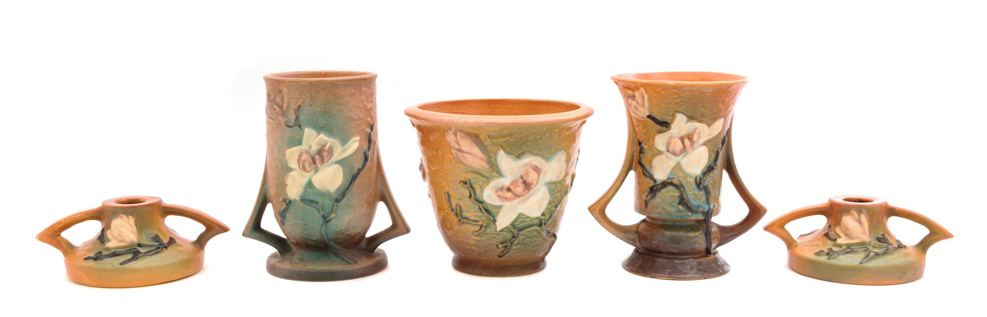 Five Roseville Magnolia Pottery Articles Height of tallest 6 1/8 inches.