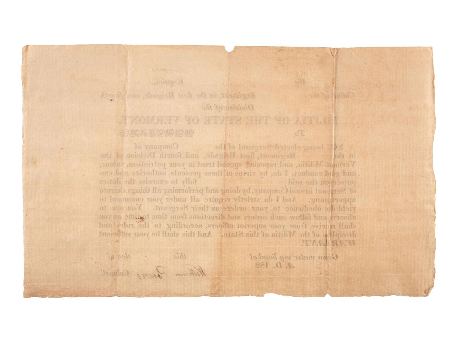 [MILITIA]. A group of documents related to nineteenth-century state militias, including broadsides and a War of 1812 appointment signed by Connecticut Governor John Cotton Smith.