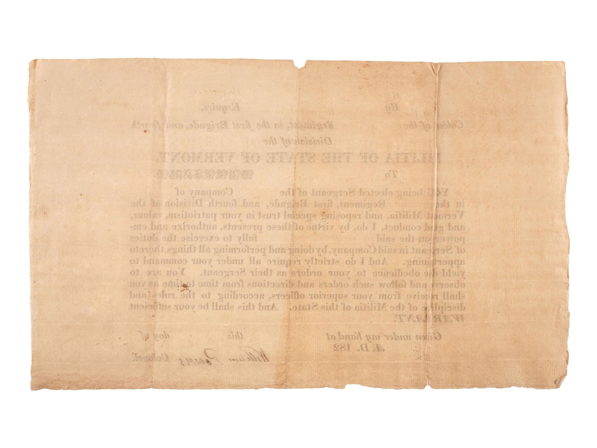 [MILITIA]. A group of documents related to nineteenth-century state militias, including broadsides and a War of 1812 appointment signed by Connecticut Governor John Cotton Smith.
