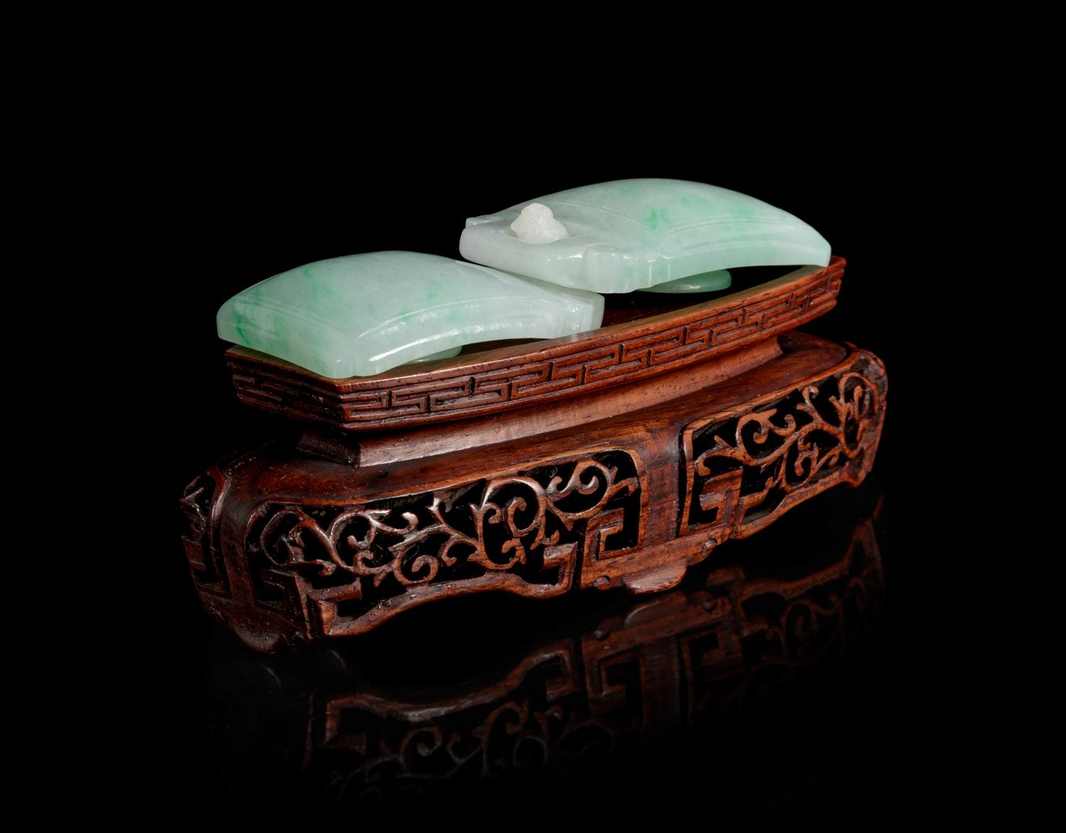 An Apple Green and Pale Celadon Jadeite Two-Part Belt Buckle