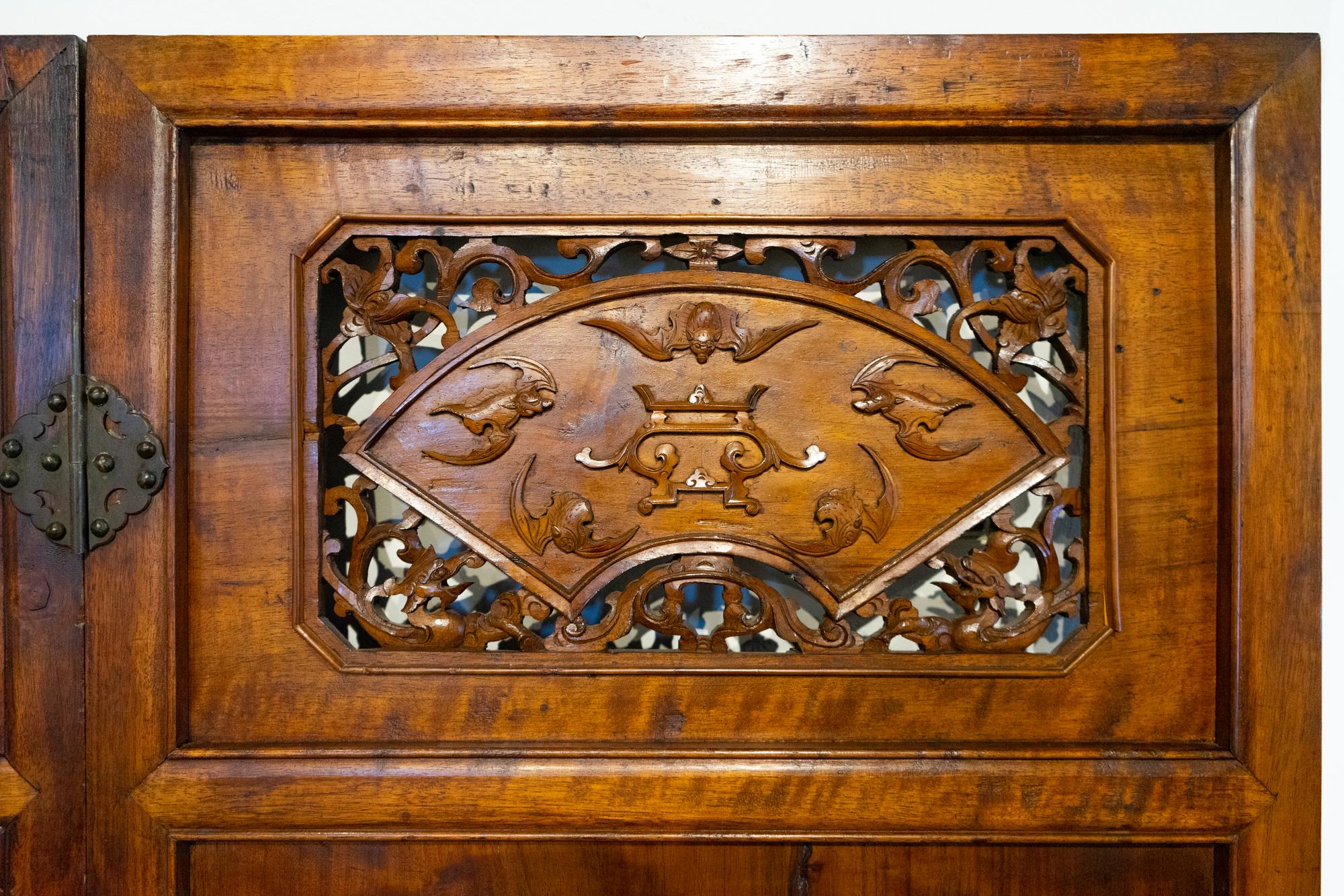 A Chinese Carved Hardwood and Hardstone Inset Six-Panel Floor Screen