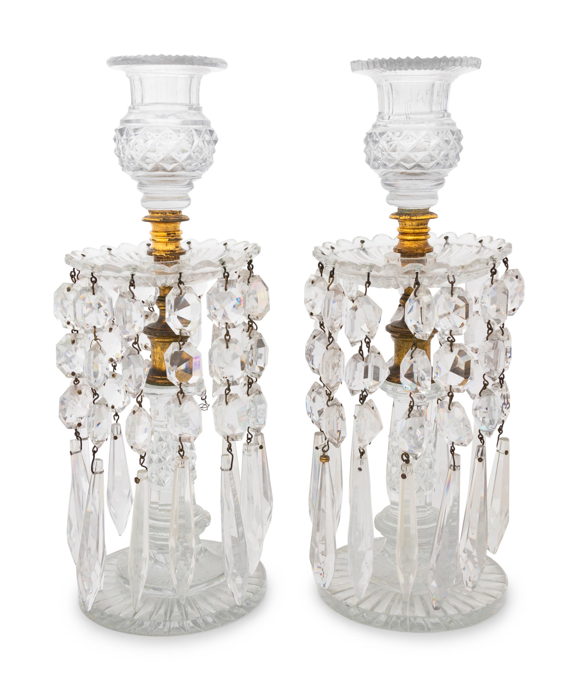 Two Cut Glass and Gilt Metal Candlesticks