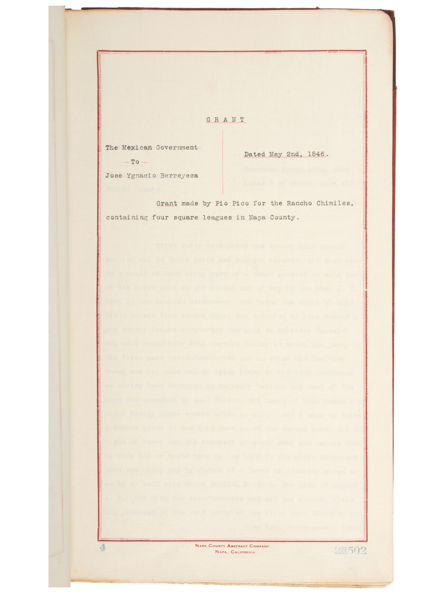 Western Americana Abstract of title for 626 acres in Napa County, a portion of the Chimiles Rancho. Napa, California: Napa County Abstract Company, 1914.