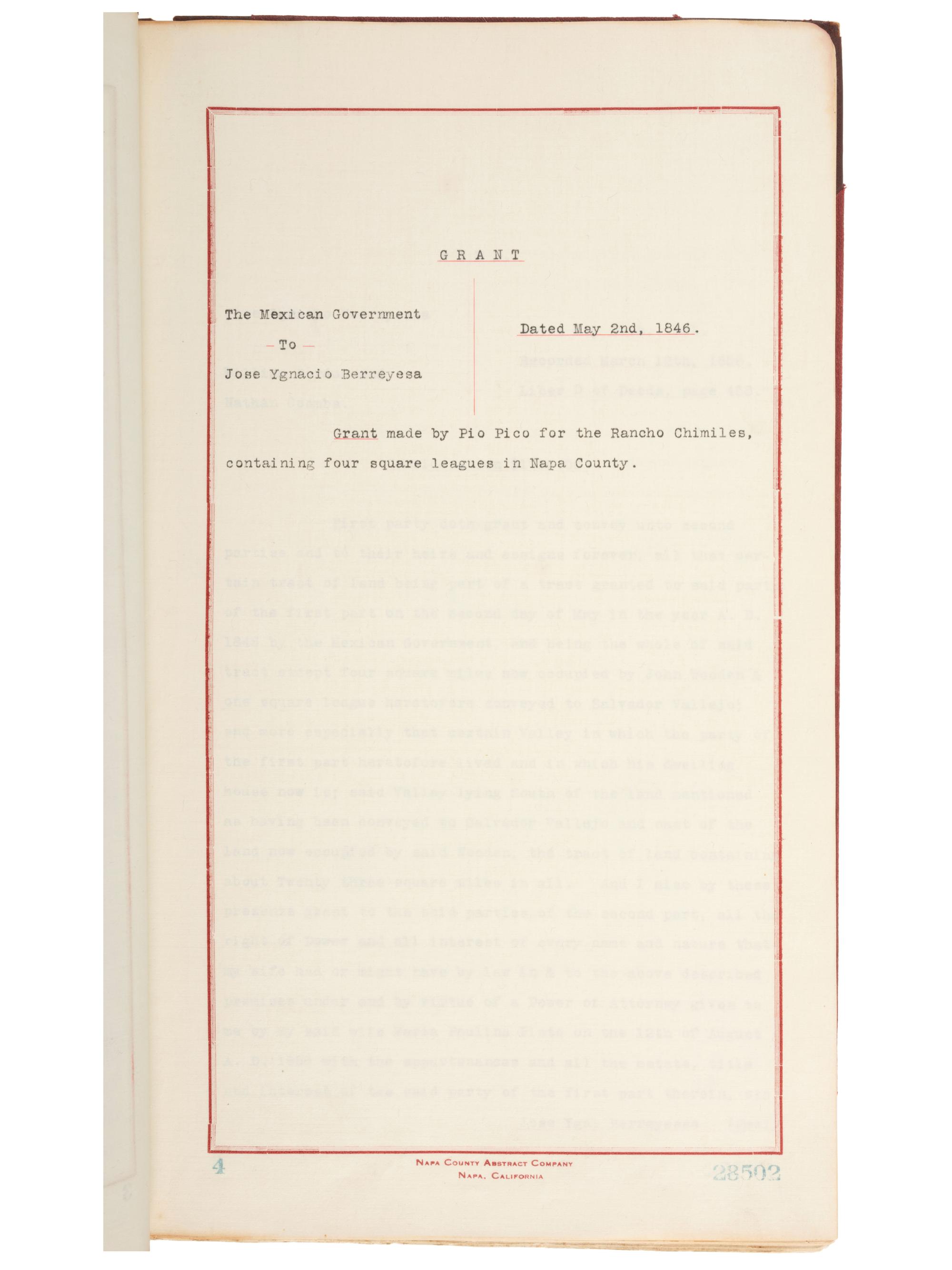 Western Americana Abstract of title for 626 acres in Napa County, a portion of the Chimiles Rancho. Napa, California: Napa County Abstract Company, 1914.