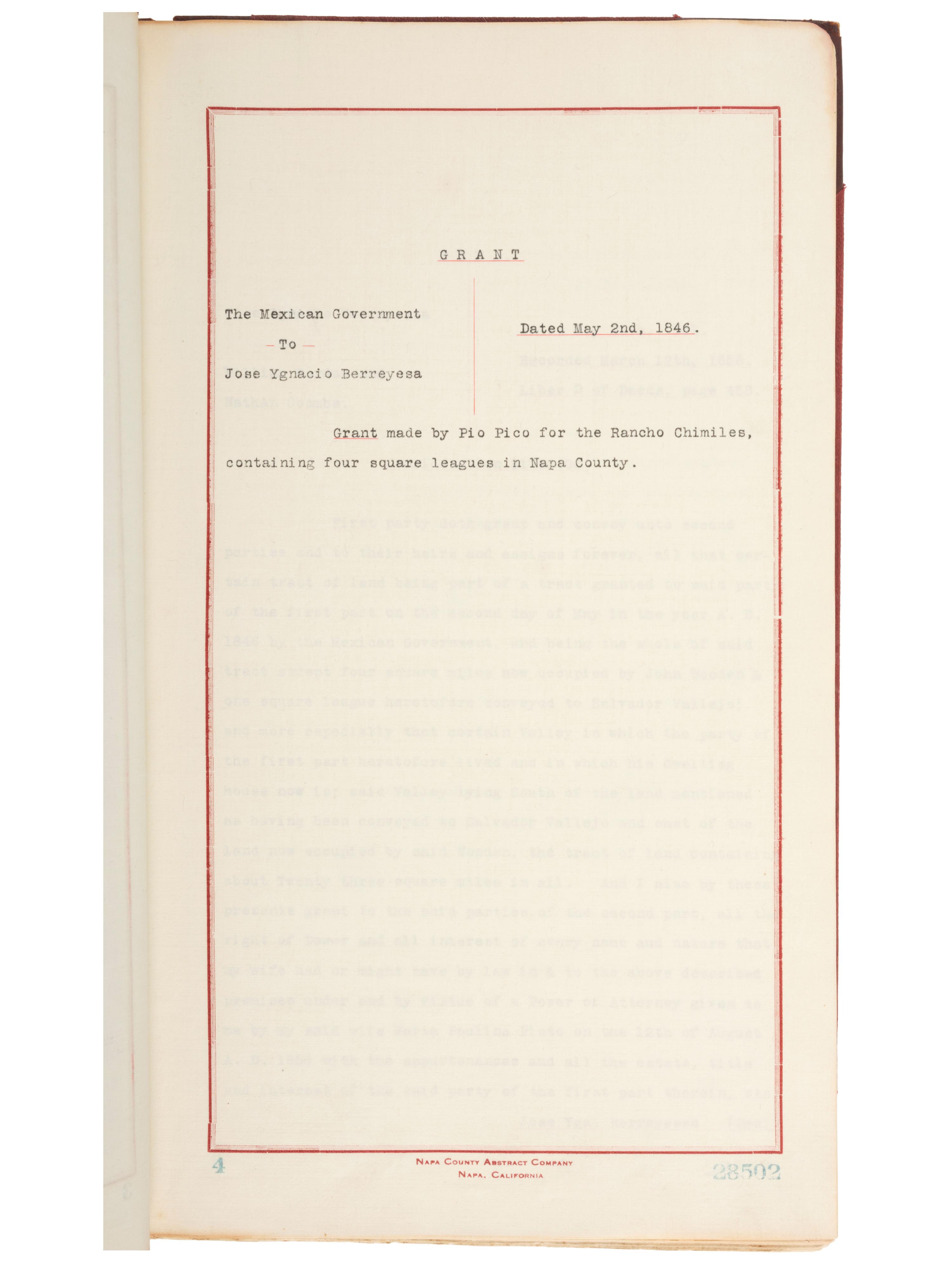 Western Americana Abstract of title for 626 acres in Napa County, a portion of the Chimiles Rancho. Napa, California: Napa County Abstract Company, 1914.