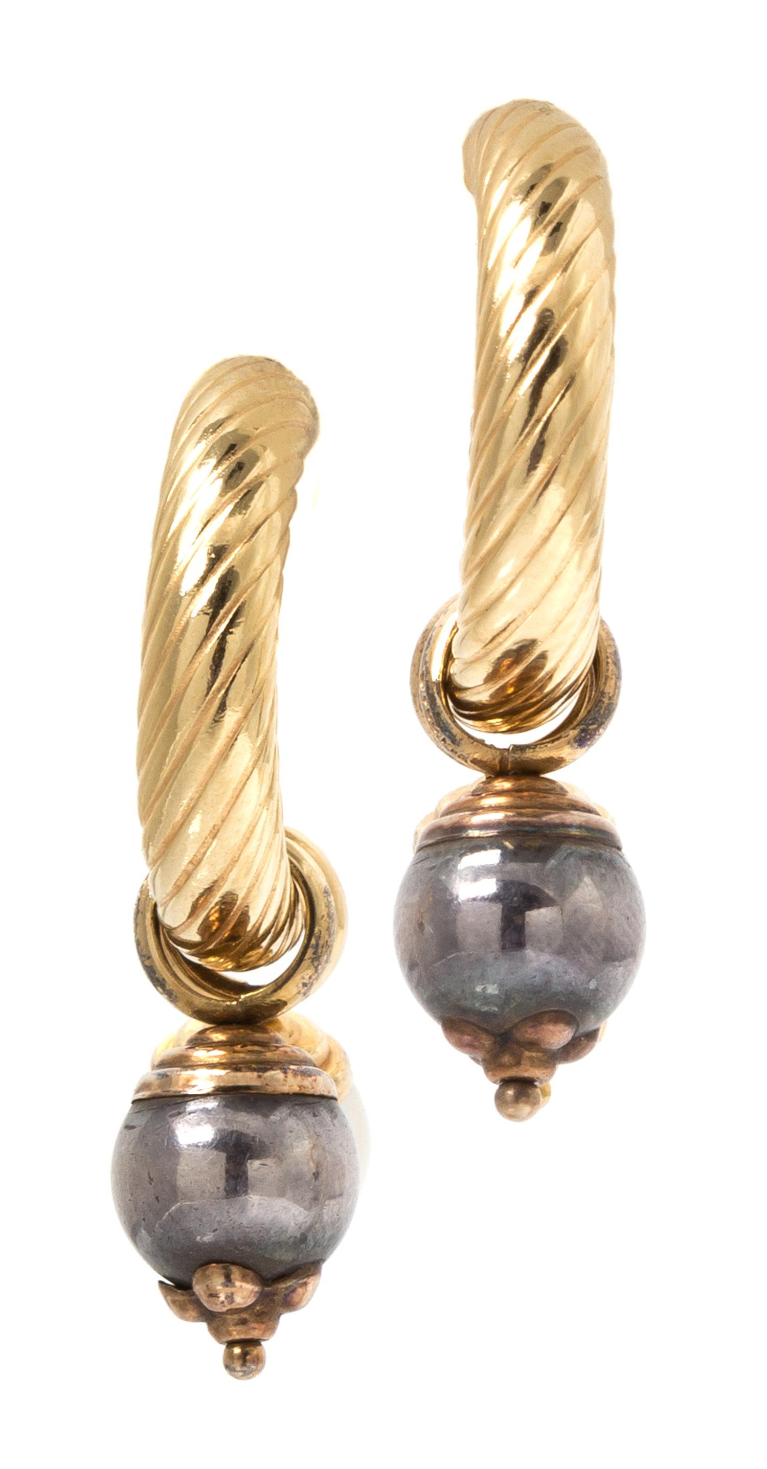 A Pair of 14 Karat Yellow Gold, Hematite and Cultured Pearl Pendant Hoop Earrings, 1.40 dwts.