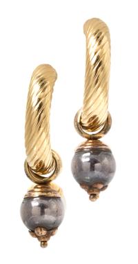 A Pair of 14 Karat Yellow Gold, Hematite and Cultured Pearl Pendant Hoop Earrings, 1.40 dwts.