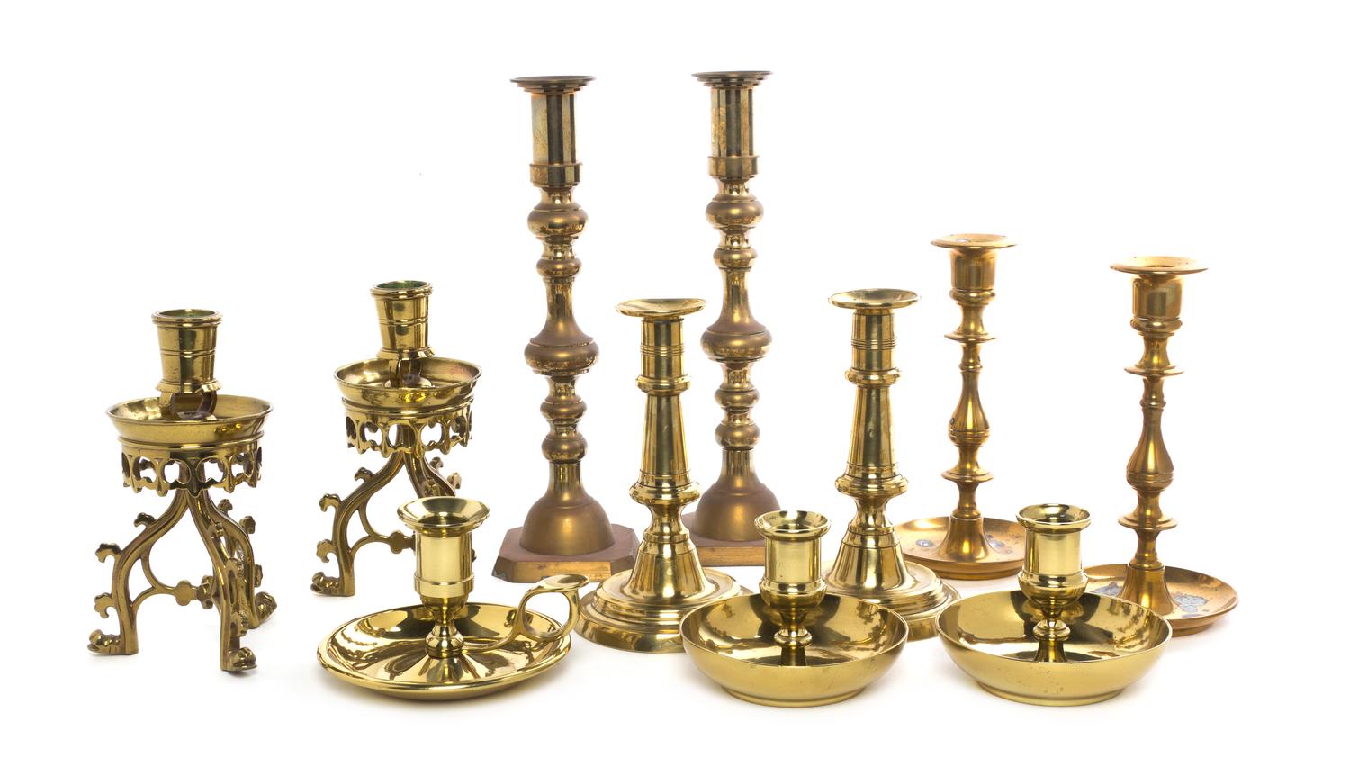 A Pair of Gothic Revival Brass Candlesticks, Height of first 6 1/2 inches.