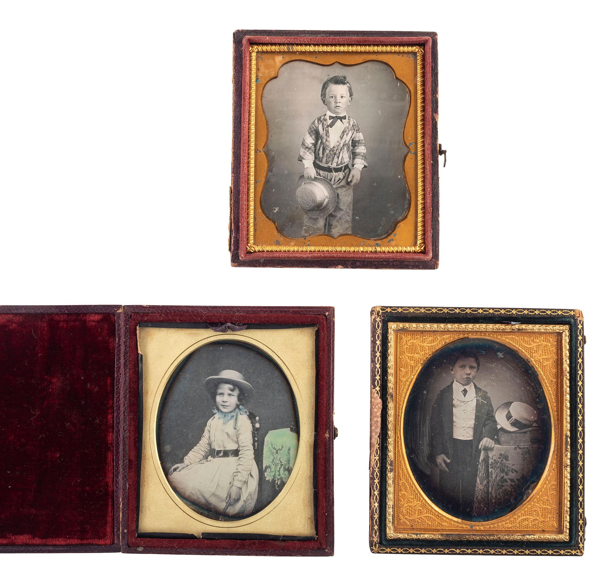 [EARLY PHOTOGRAPHY] 6 daguerreotype portraits of children with hats, incl. 2 images of the same girl