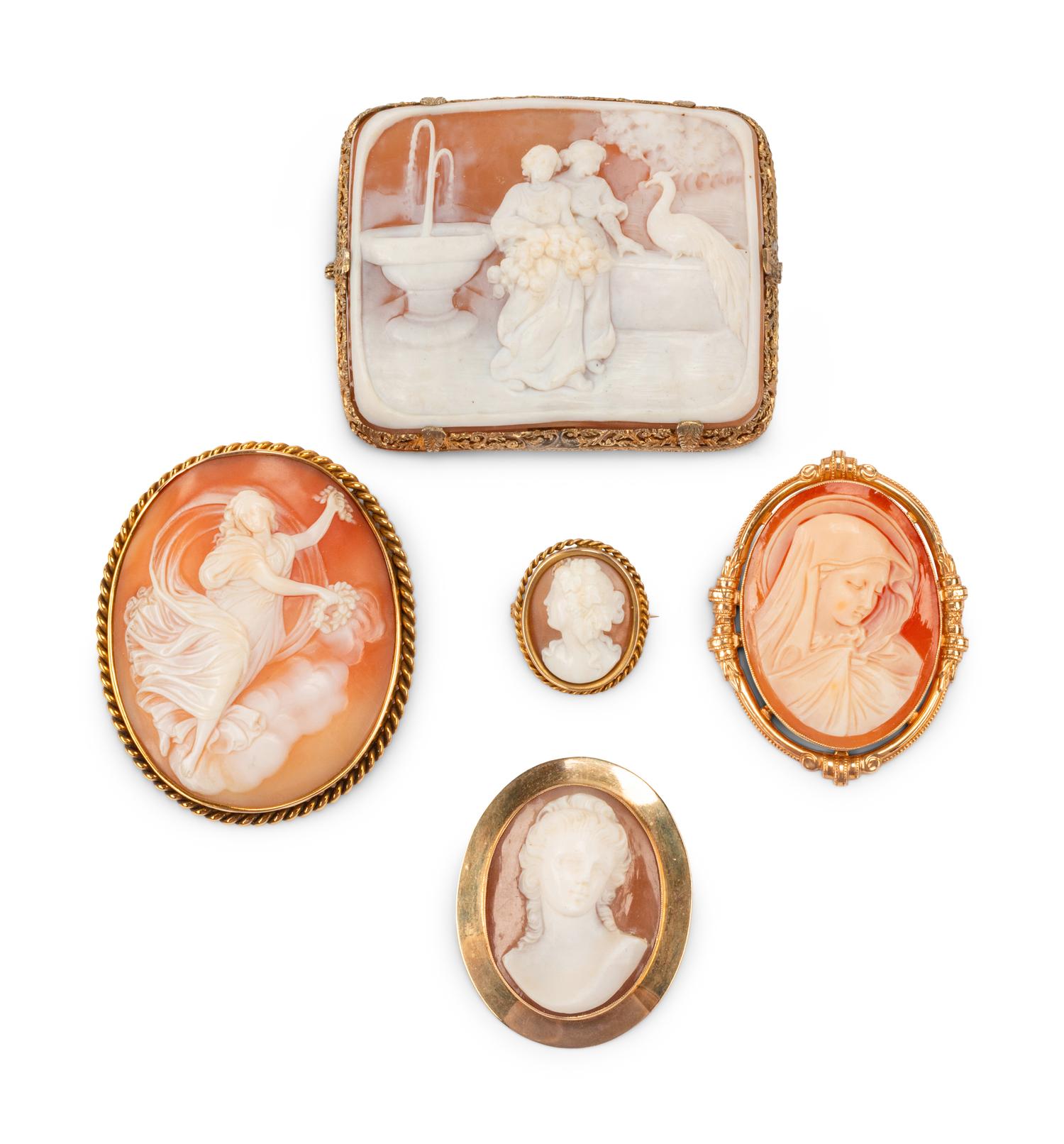 Five Gilt Metal Framed Italian Shell Cameos