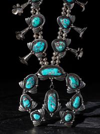 Navajo Silver and Turquoise Squash Blossom Necklace, Post Earrings, Ring, and Cuff Bracelet Set