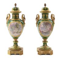 A Pair of Monumental Gilt Bronze Mounted Sevres Style Porcelain Napoleonic Urns Height 41 1/2 inches. — 19TH CENTURY