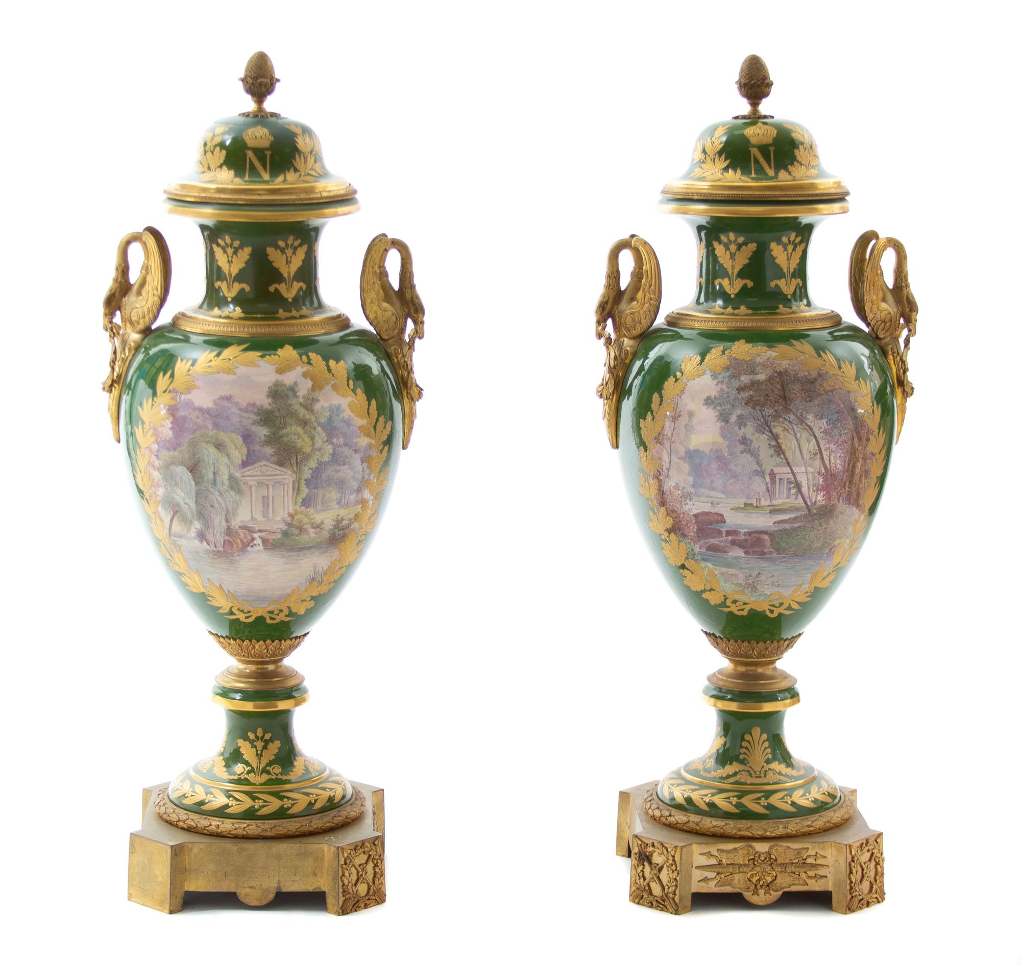 A Pair of Monumental Gilt Bronze Mounted Sevres Style Porcelain Napoleonic Urns Height 41 1/2 inches. — 19TH CENTURY
