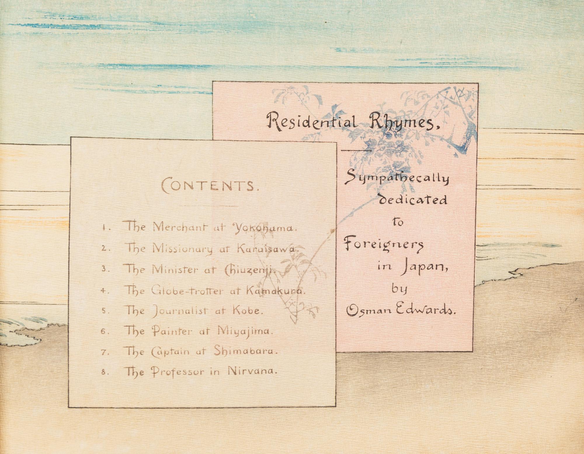 EDWARDS, OSMAN. Residential Rhymes. Tokyo, n.d. [c. 1900] with 22 color woodblocks on crepe paper.